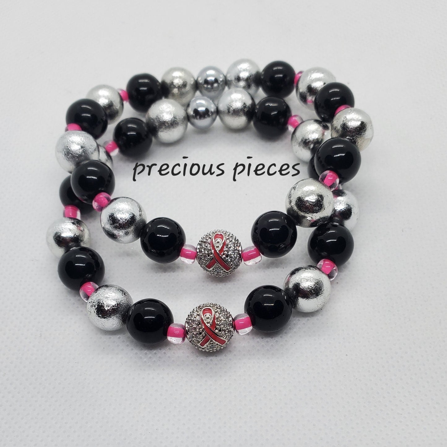 Silver Pink Ribbon Ball Beaded Breast Cancer Awareness Bracelets