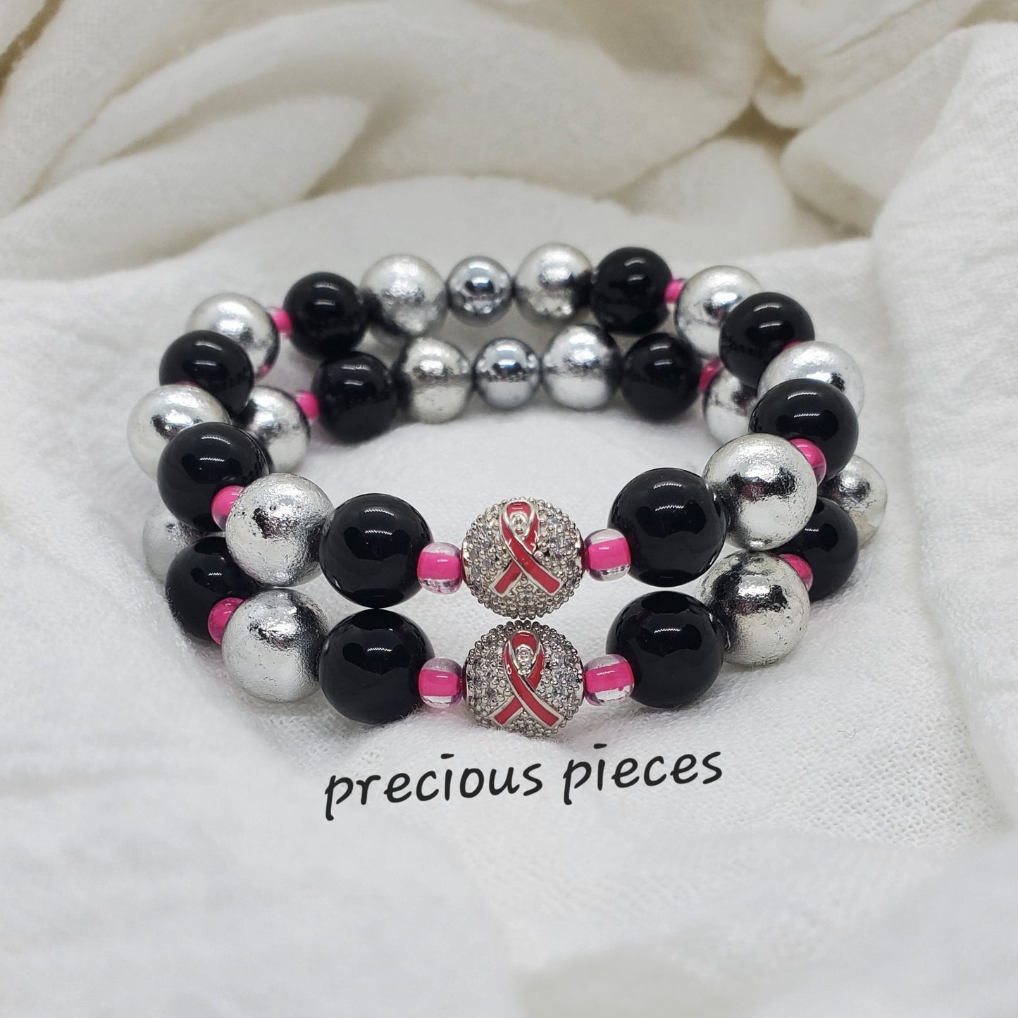Silver Pink Ribbon Ball Beaded Breast Cancer Awareness Bracelets