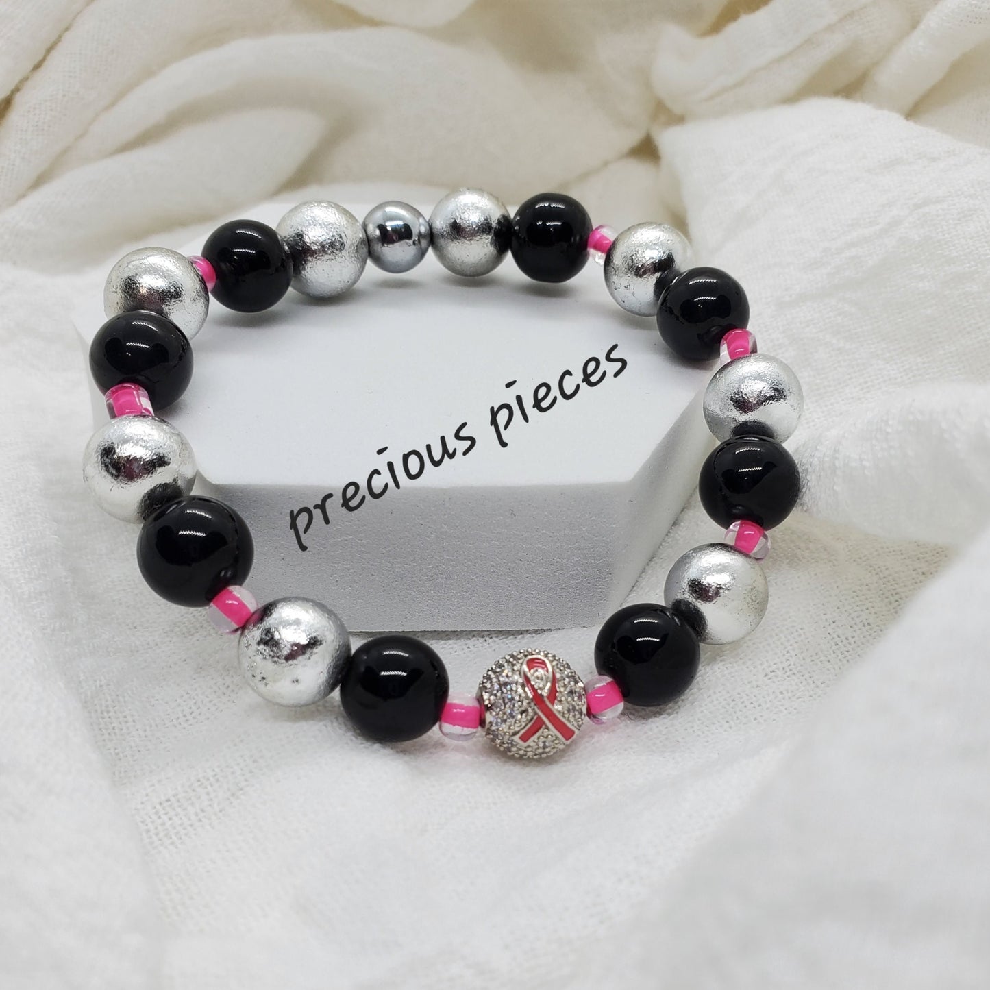 Silver Pink Ribbon Ball Beaded Breast Cancer Awareness Bracelets