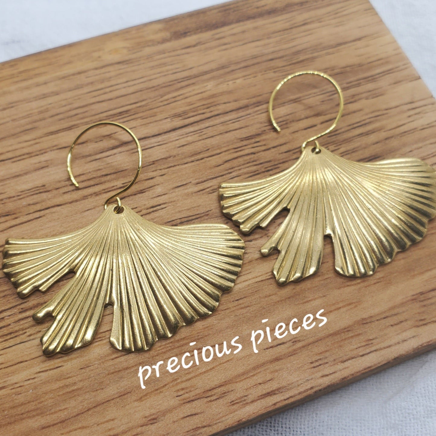 Brass Ginkgo Earrings with Round Ear Hooks