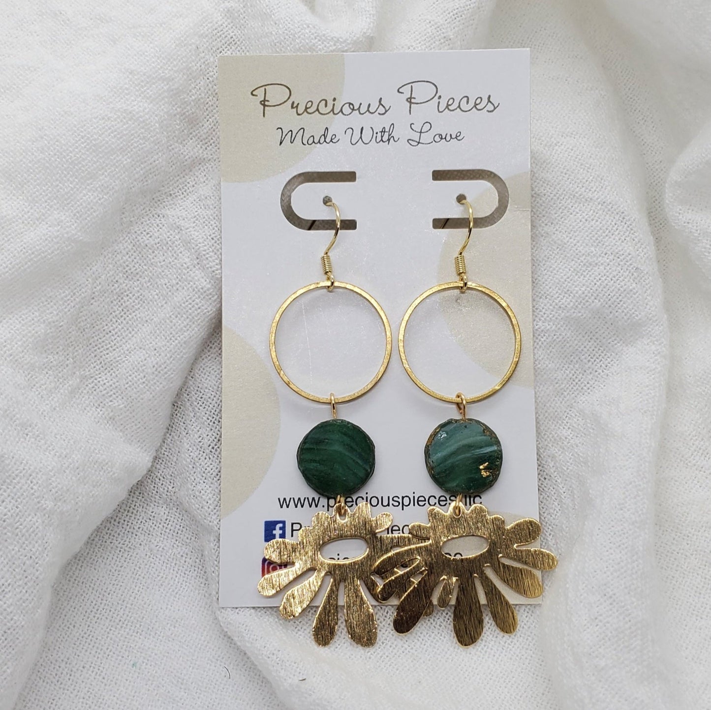 Brass Flower and Green Glass Bead Earrings