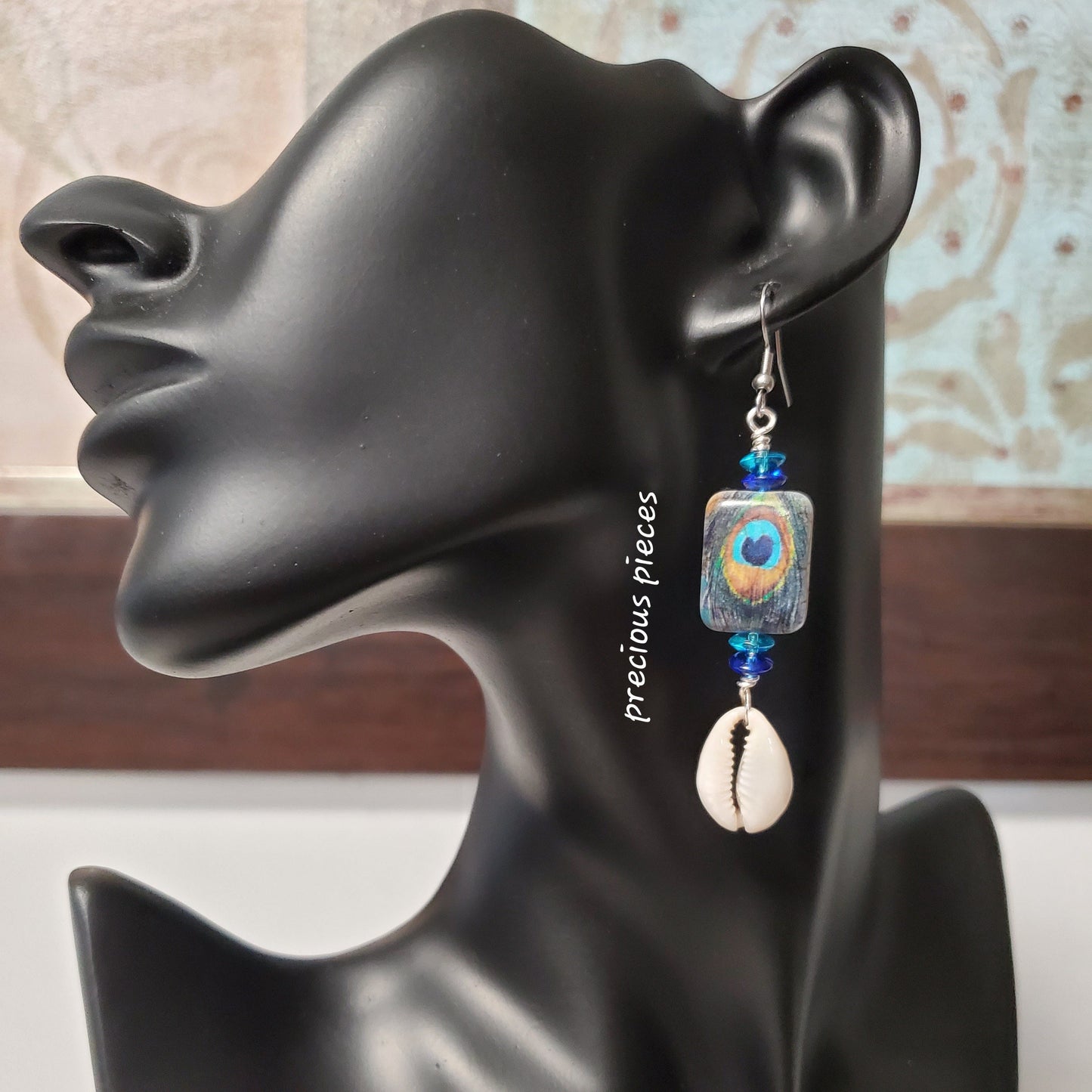 Peacock Feather Cowrie Shell Earrings