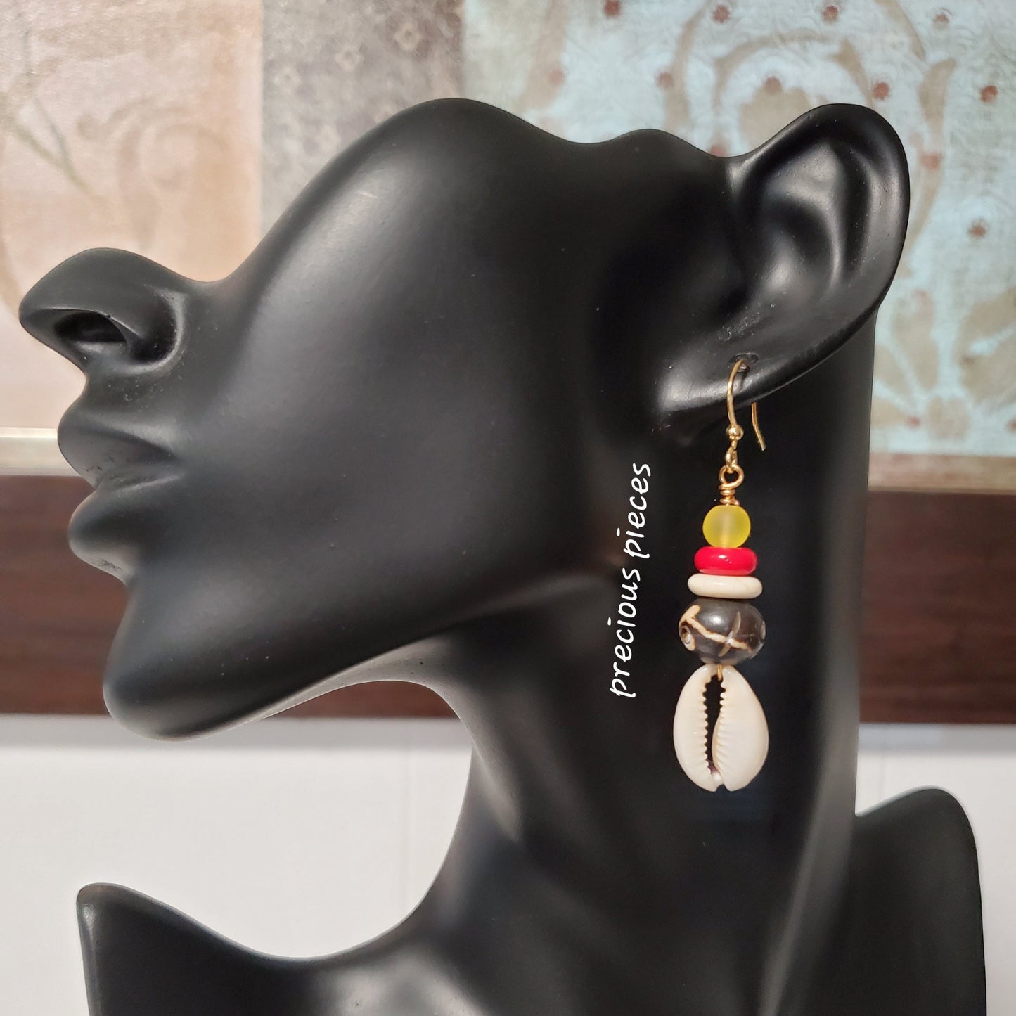 Indian Carved Beaded Cowrie Shell Earrings