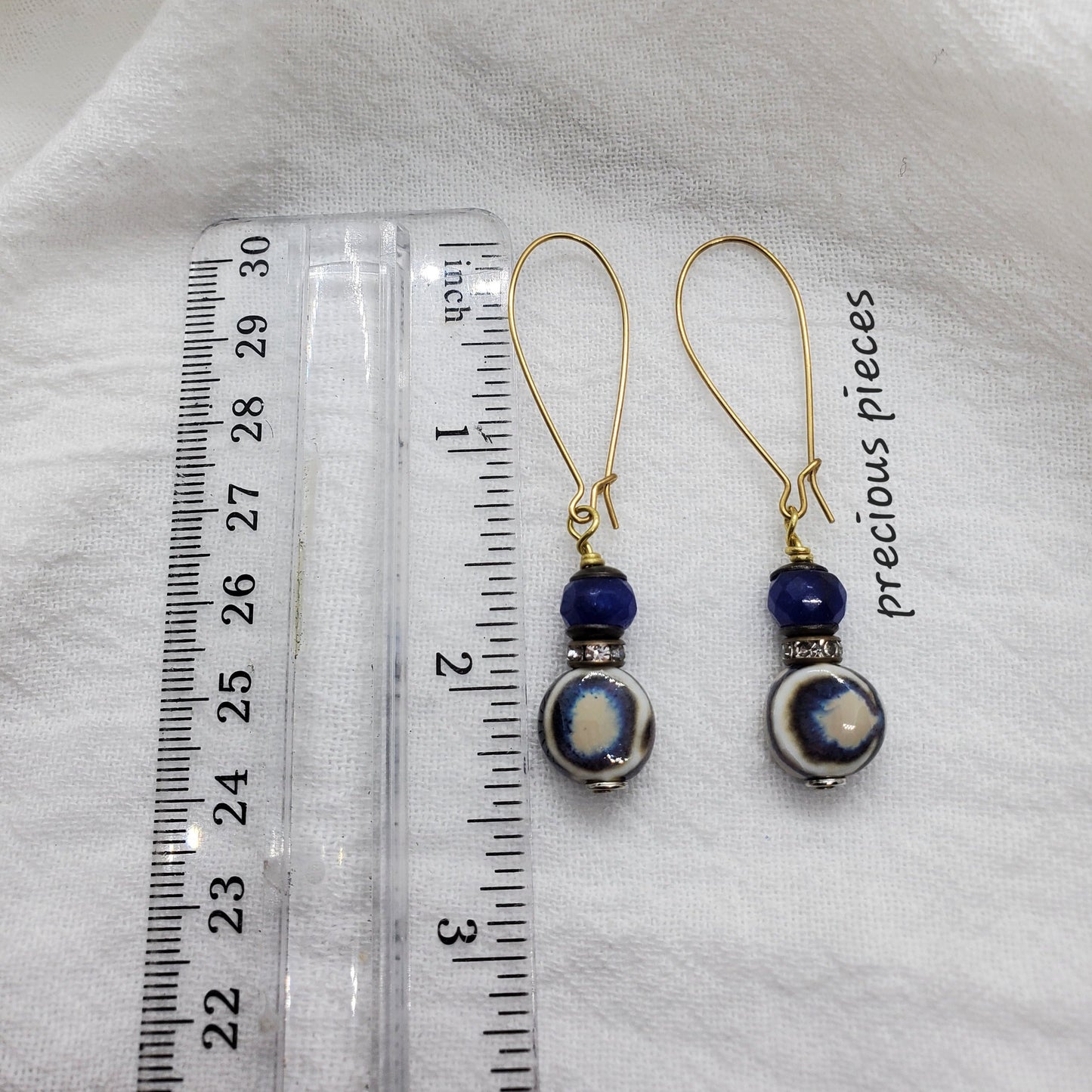 Ceramic Blue and Cream Coin Dangle Earrings