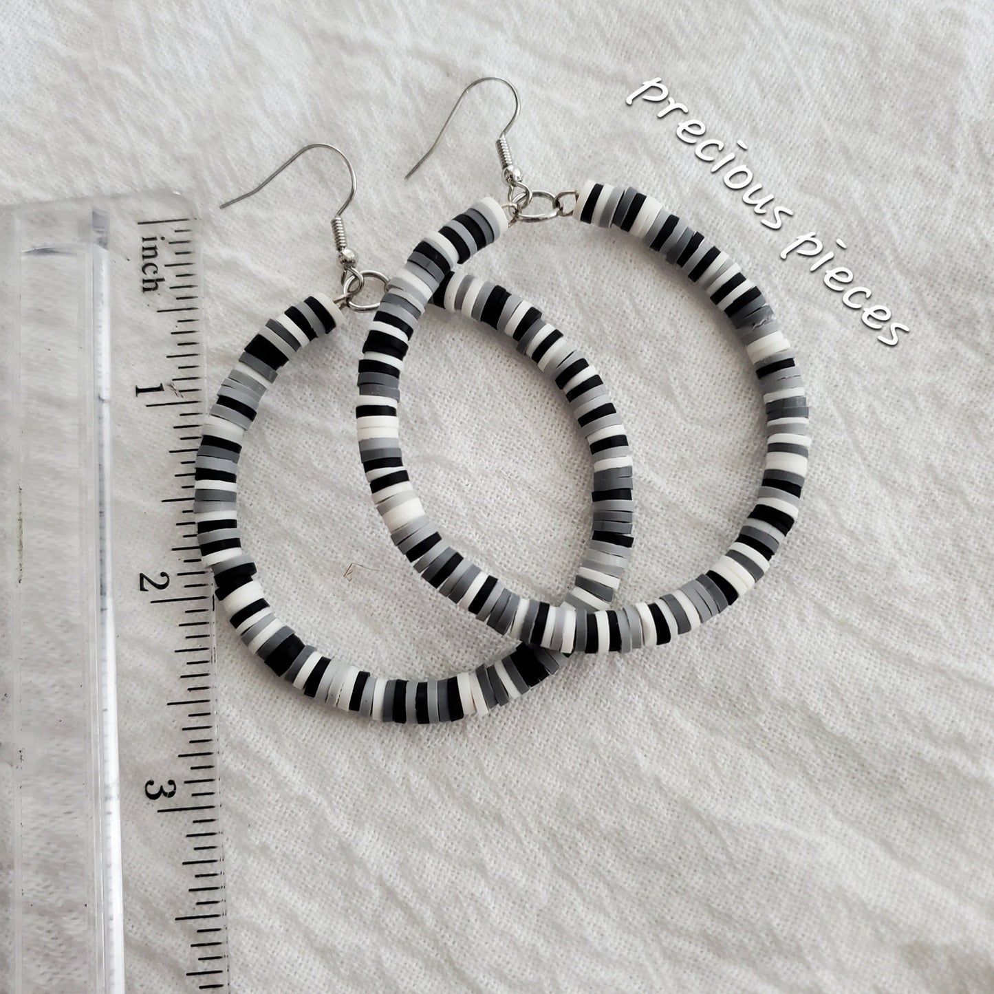 Black, Gray and White Heishi Disc Hoop Earrings