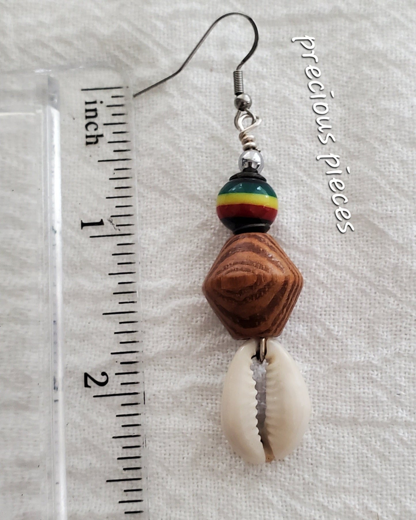 Wood and African Beaded Cowrie Shell Earrings
