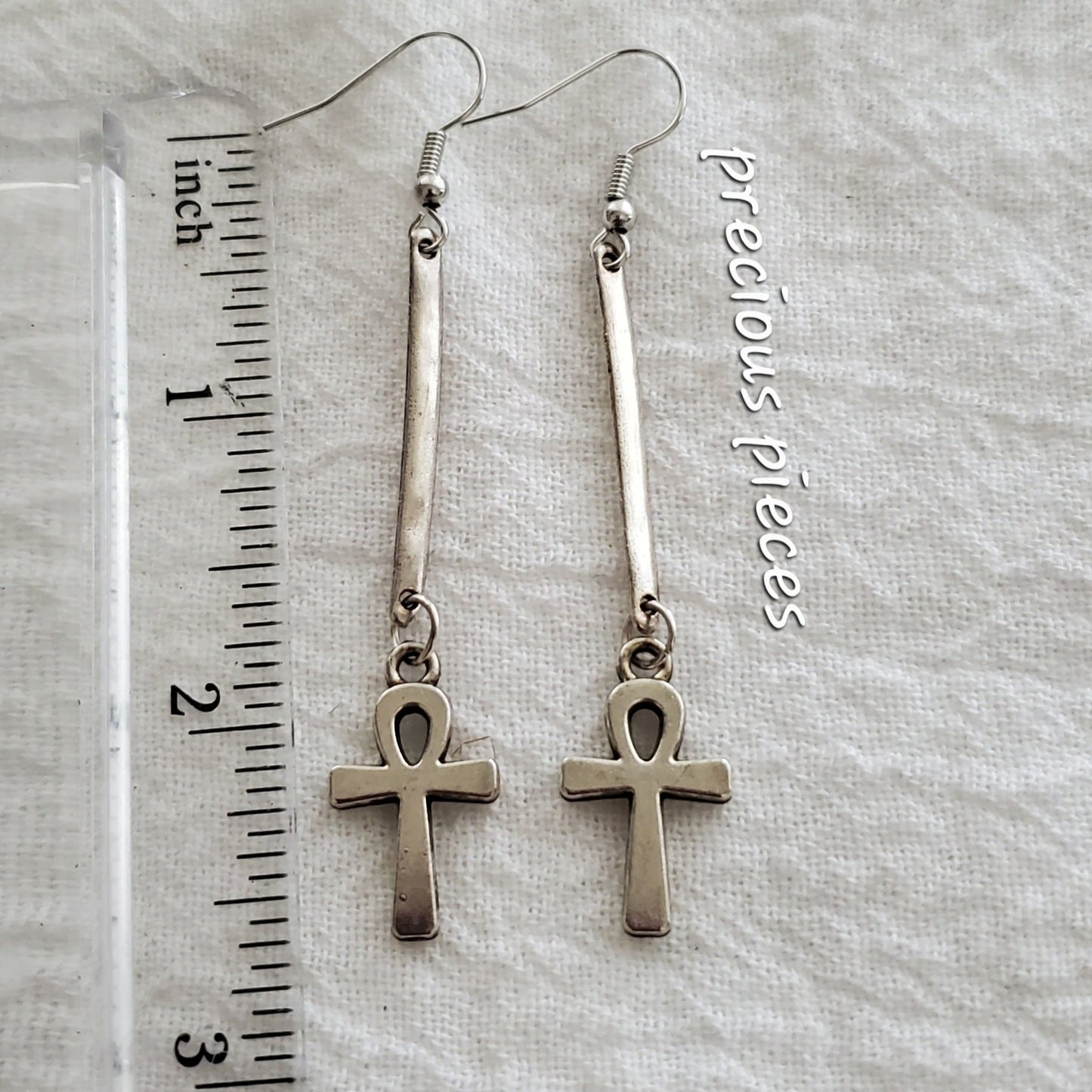 Antique Silver Dangle Ankh Earrings