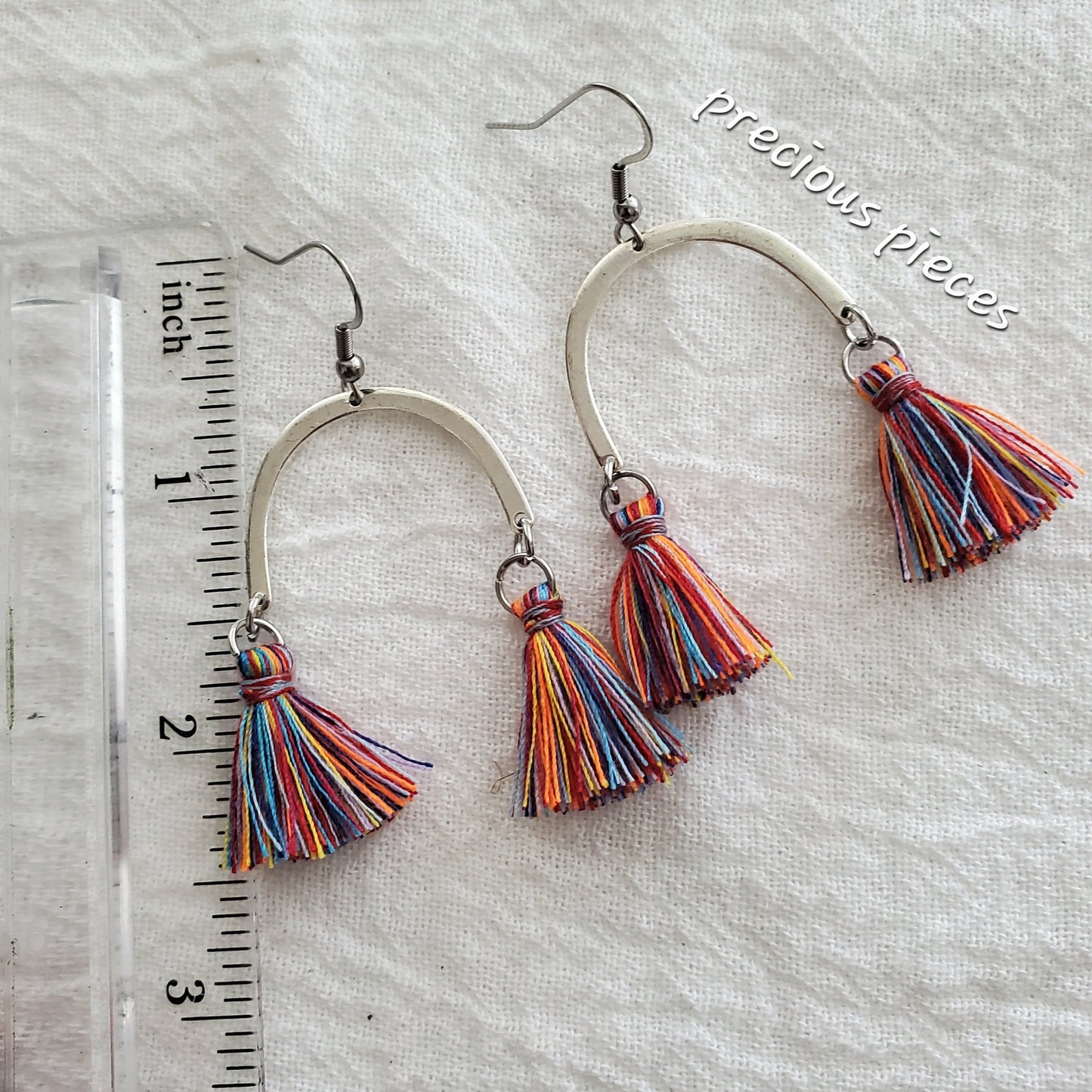 Silver Arch and Rainbow Tassel Earrings (click for more colors)