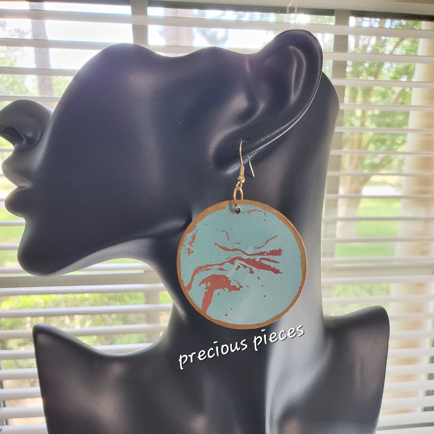 Turquoise and Gold Decoupage Wood Earrings