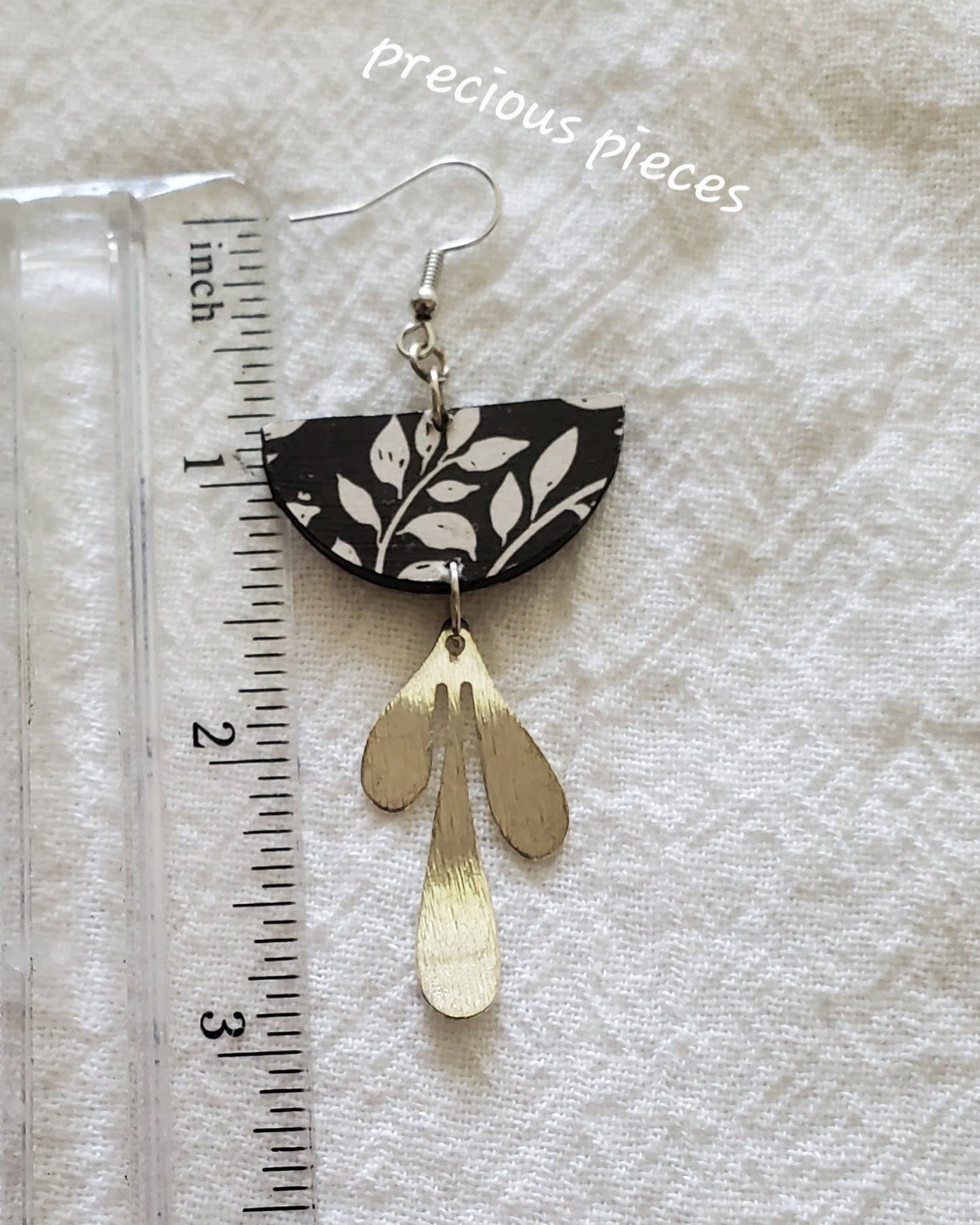 Black and White Leaf Earrings with Silver Charm