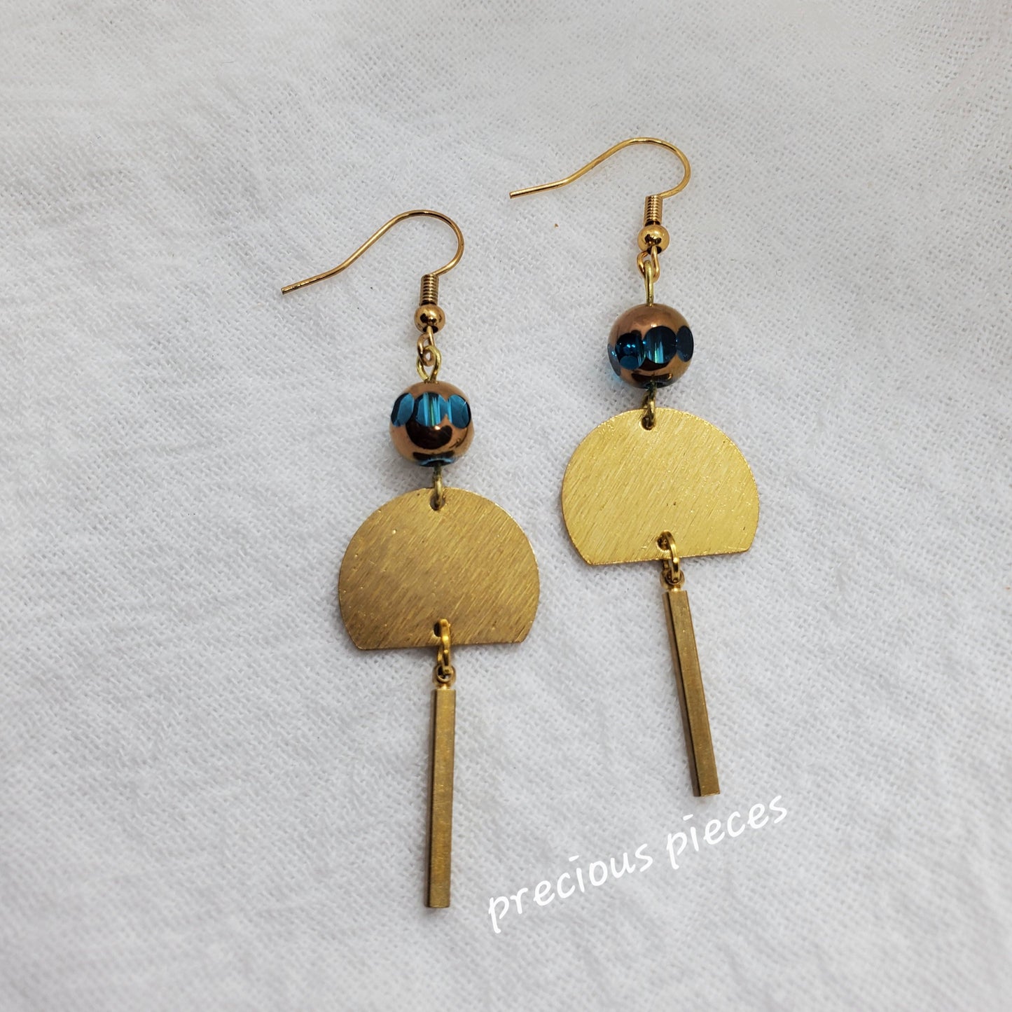 Brass Half-Circle with Turquoise and Gold Bead Earrings
