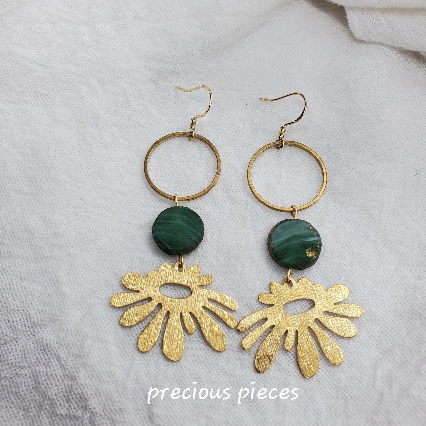 Brass Flower and Green Glass Bead Earrings