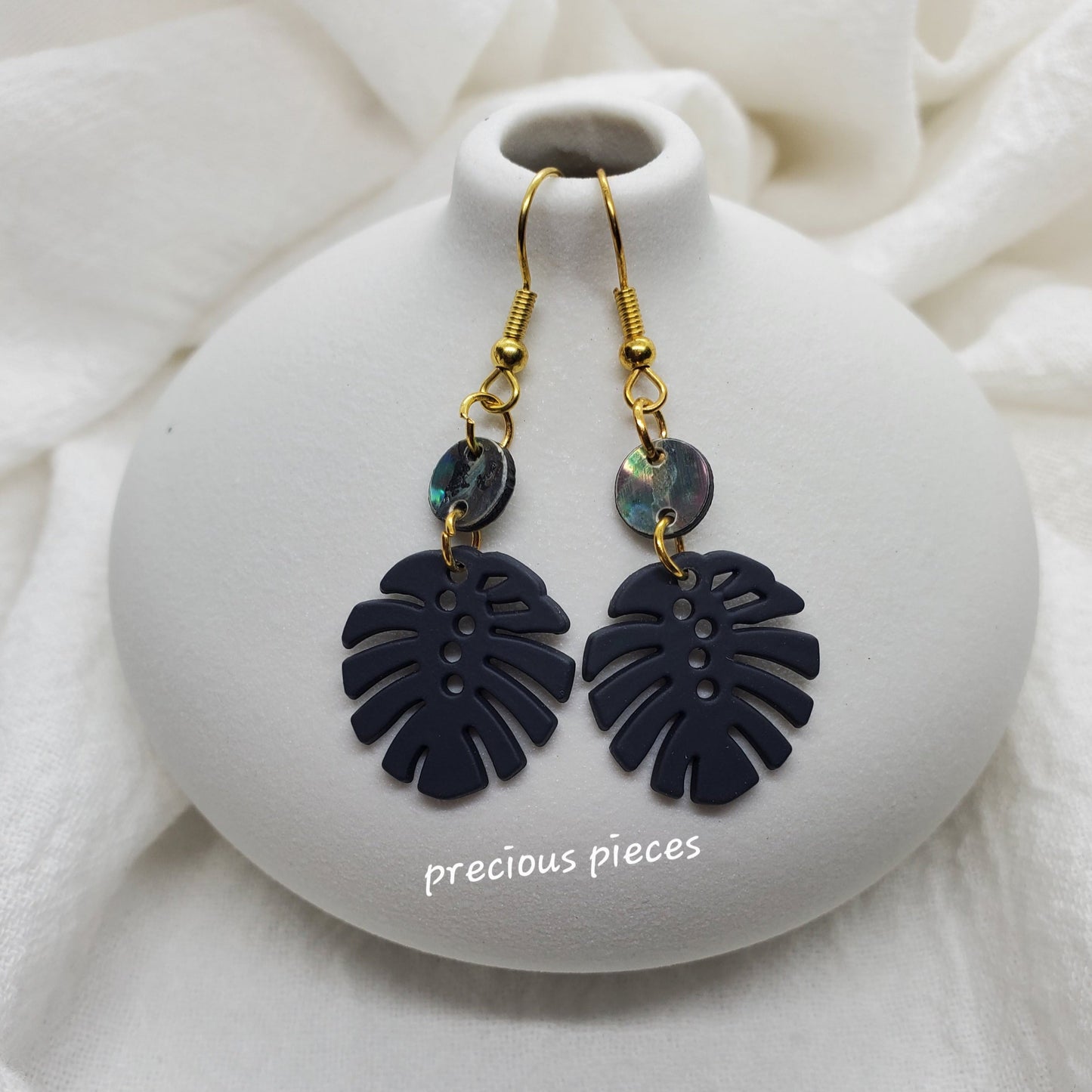 Gray-Black Monstera Leaf Earrings