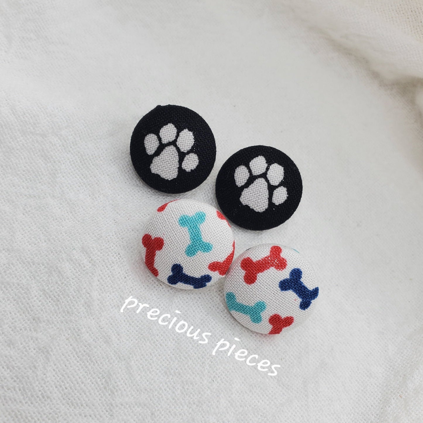 White Paw Print and Bone Fabric Earrings