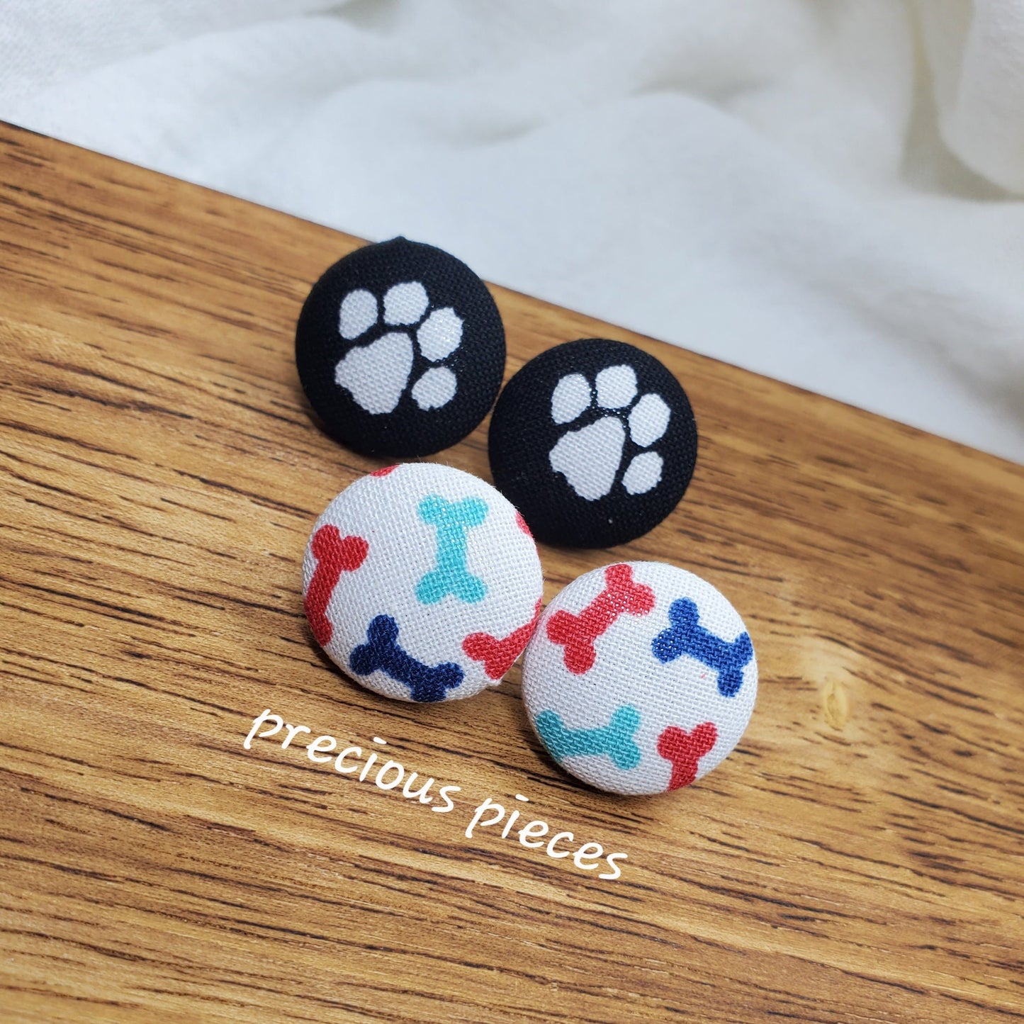 White Paw Print and Bone Fabric Earrings