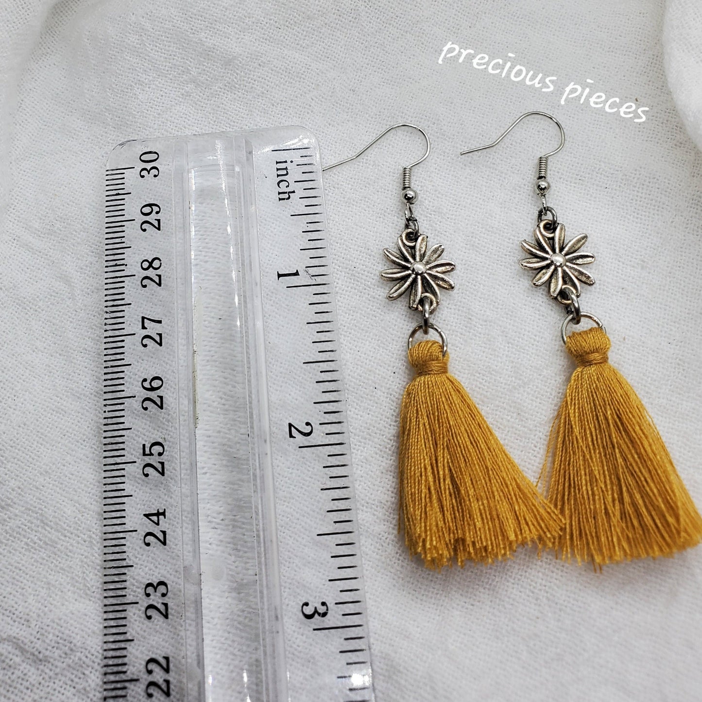 Vintage Antique Silver Flower and Mustard Color Tassel Earrings