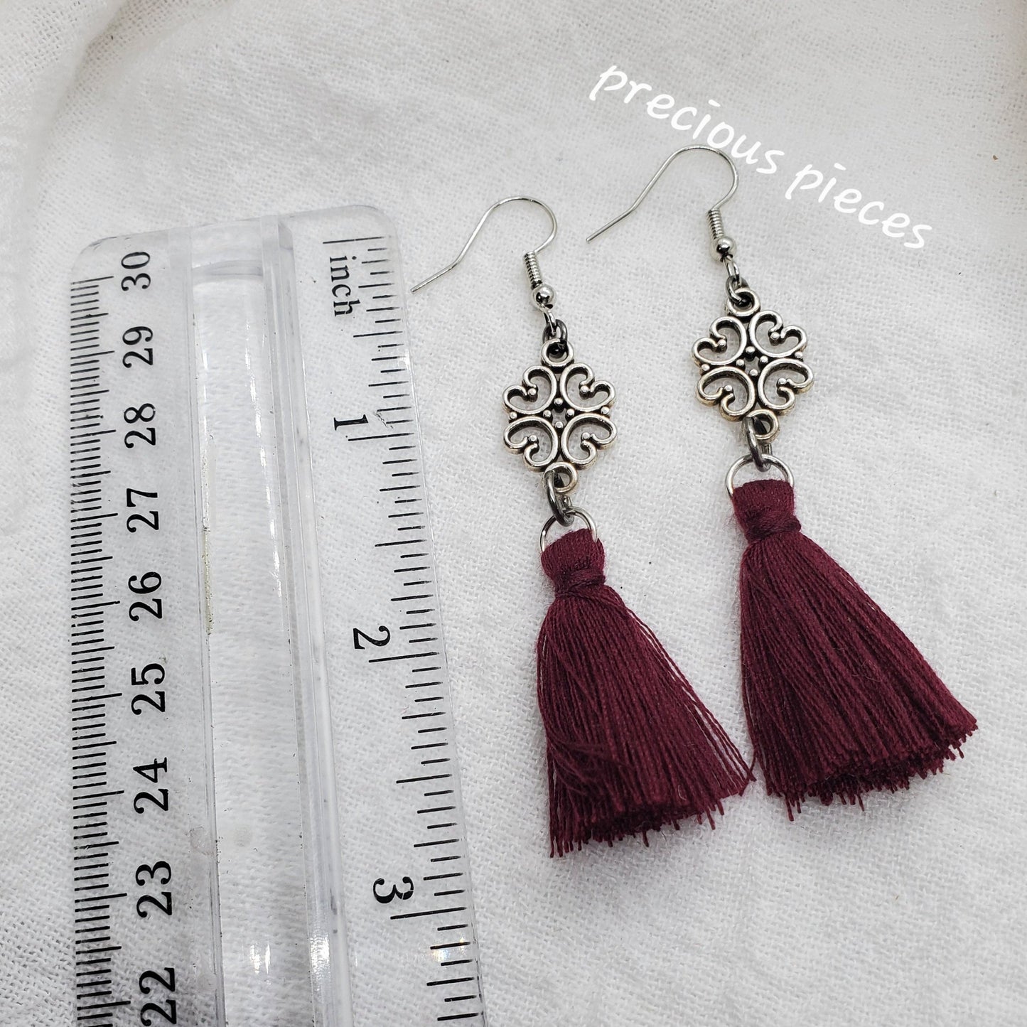 Vintage Antique Silver Flower and Burgundy Tassel Earrings