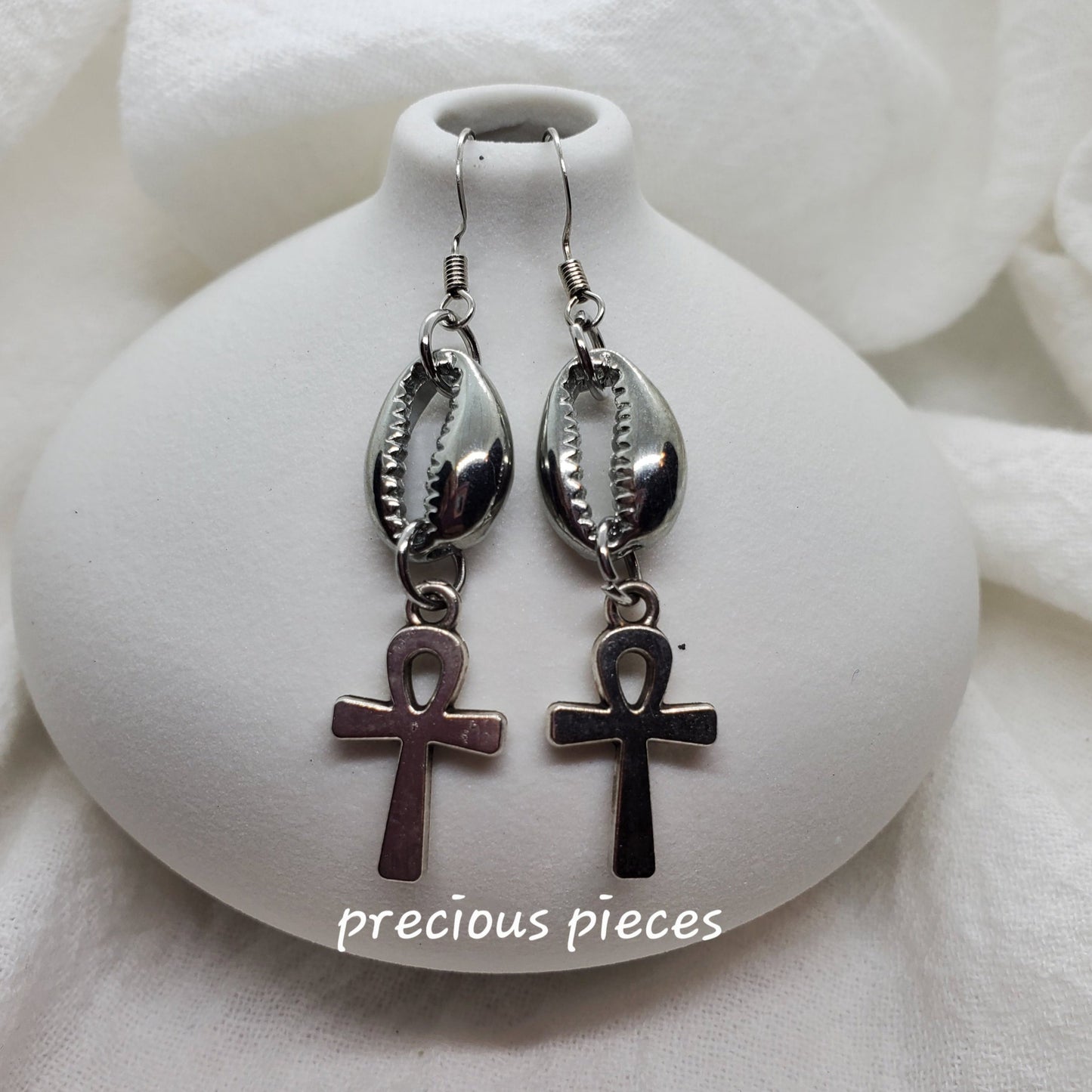 Silver Cowrie Shell and Ankh Earrings