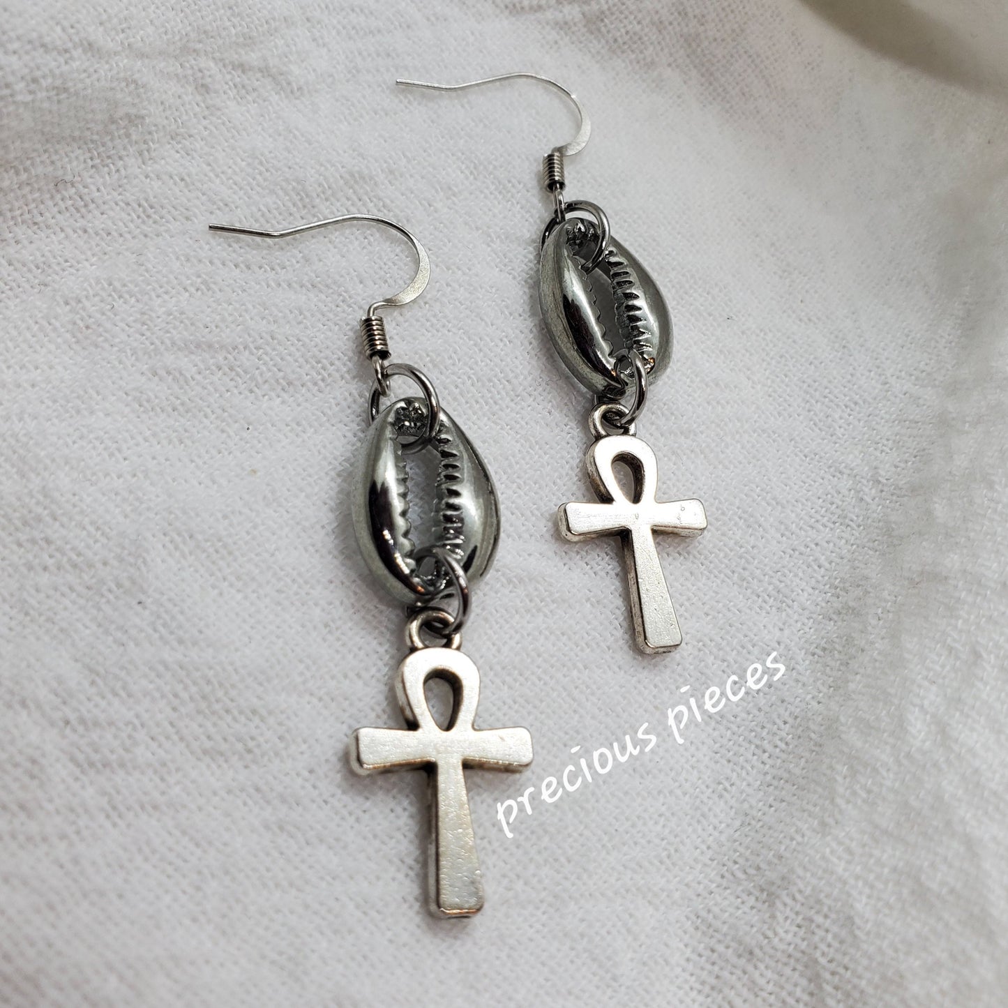 Silver Cowrie Shell and Ankh Earrings