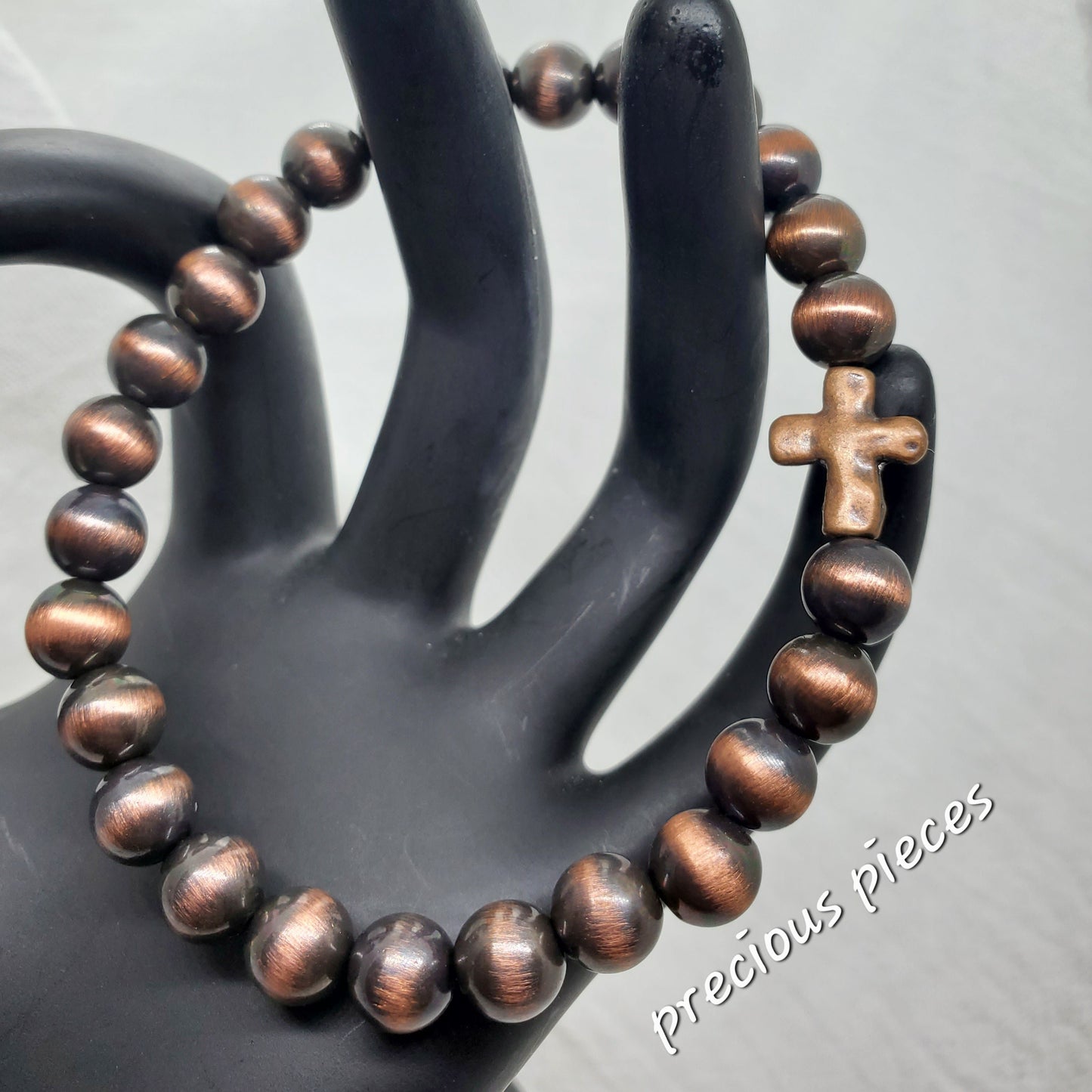 Men's Metallic Beaded Bracelet with Metal Cross Charm
