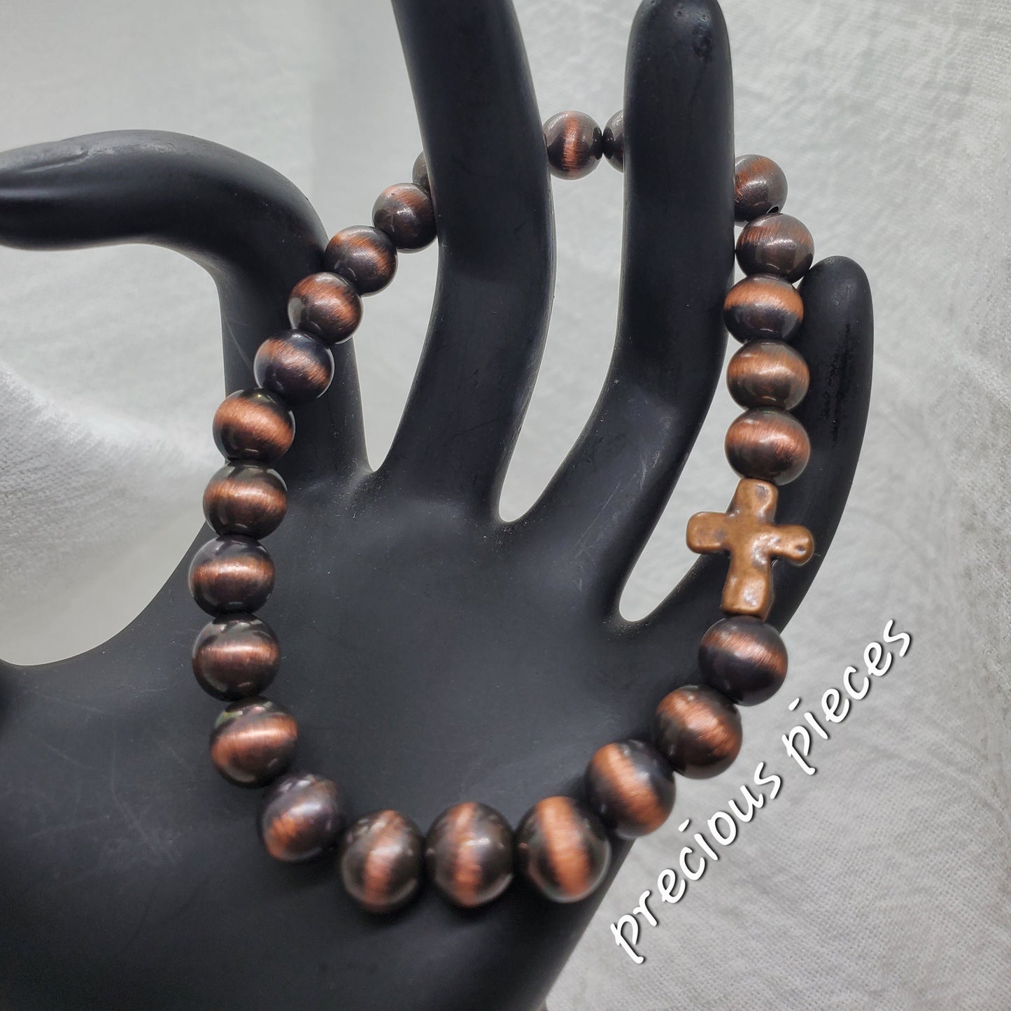Men's Metallic Beaded Bracelet with Metal Cross Charm