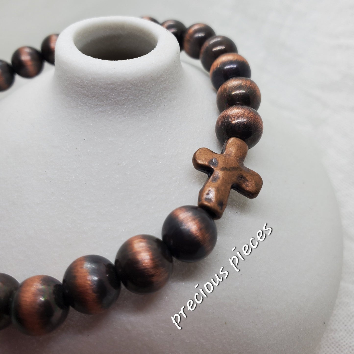 Men's Metallic Beaded Bracelet with Metal Cross Charm