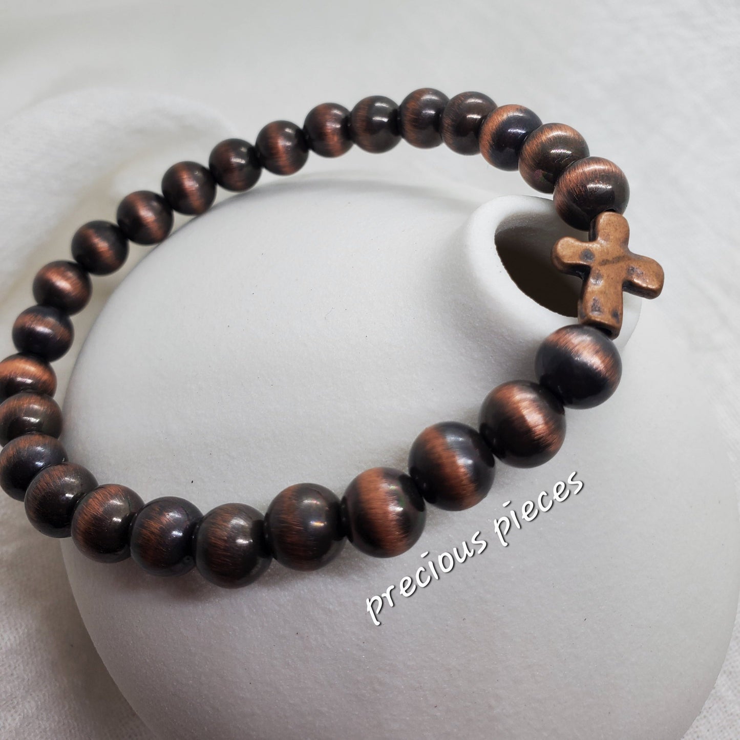 Men's Metallic Beaded Bracelet with Metal Cross Charm