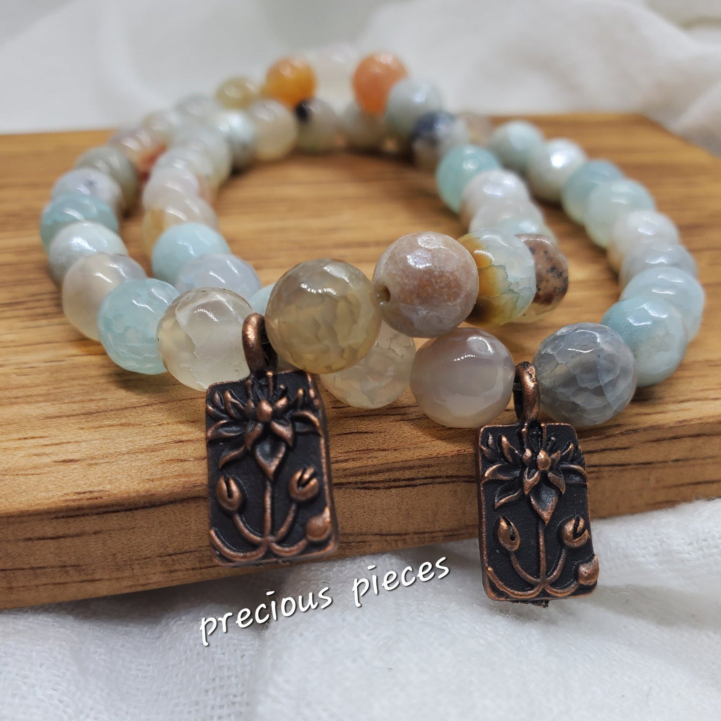 Natural Stone Beaded Bracelet w/ Flower Charm