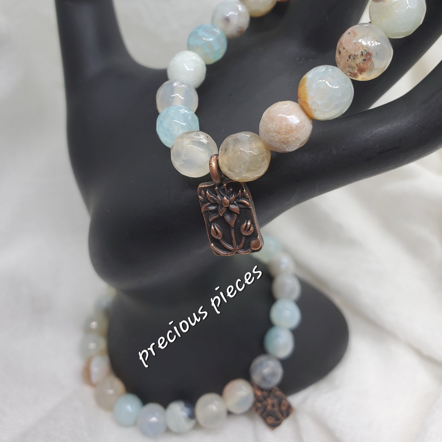 Natural Stone Beaded Bracelet w/ Flower Charm