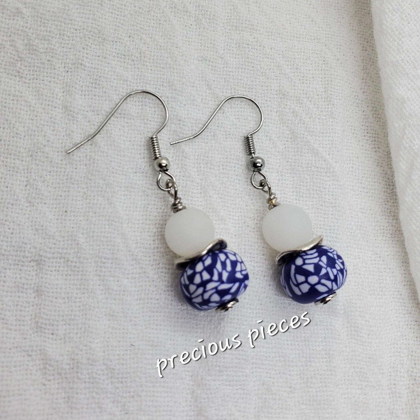 Blue and White Clay Beaded Earrings