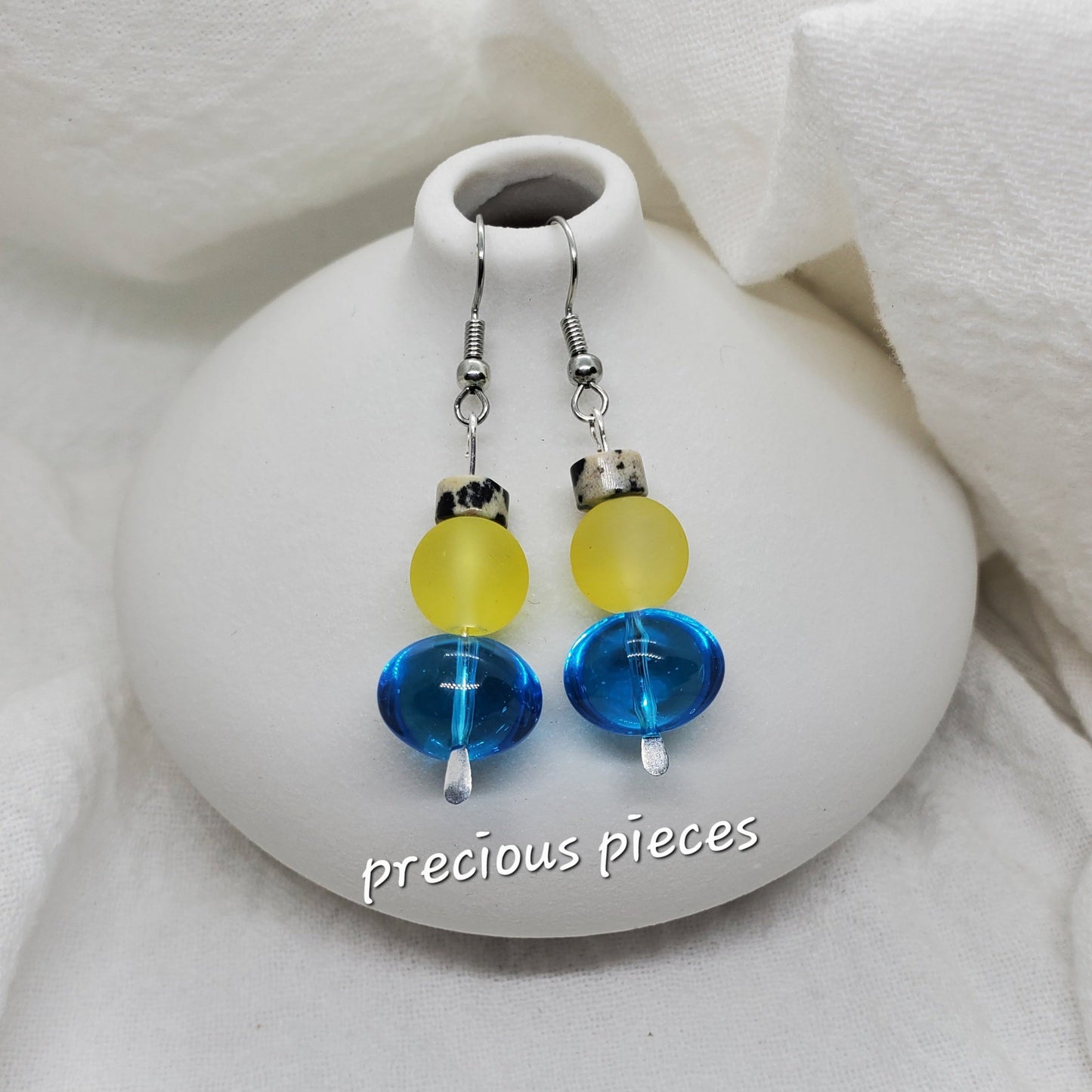 Turquoise and Yellow Glass Beaded Earrings