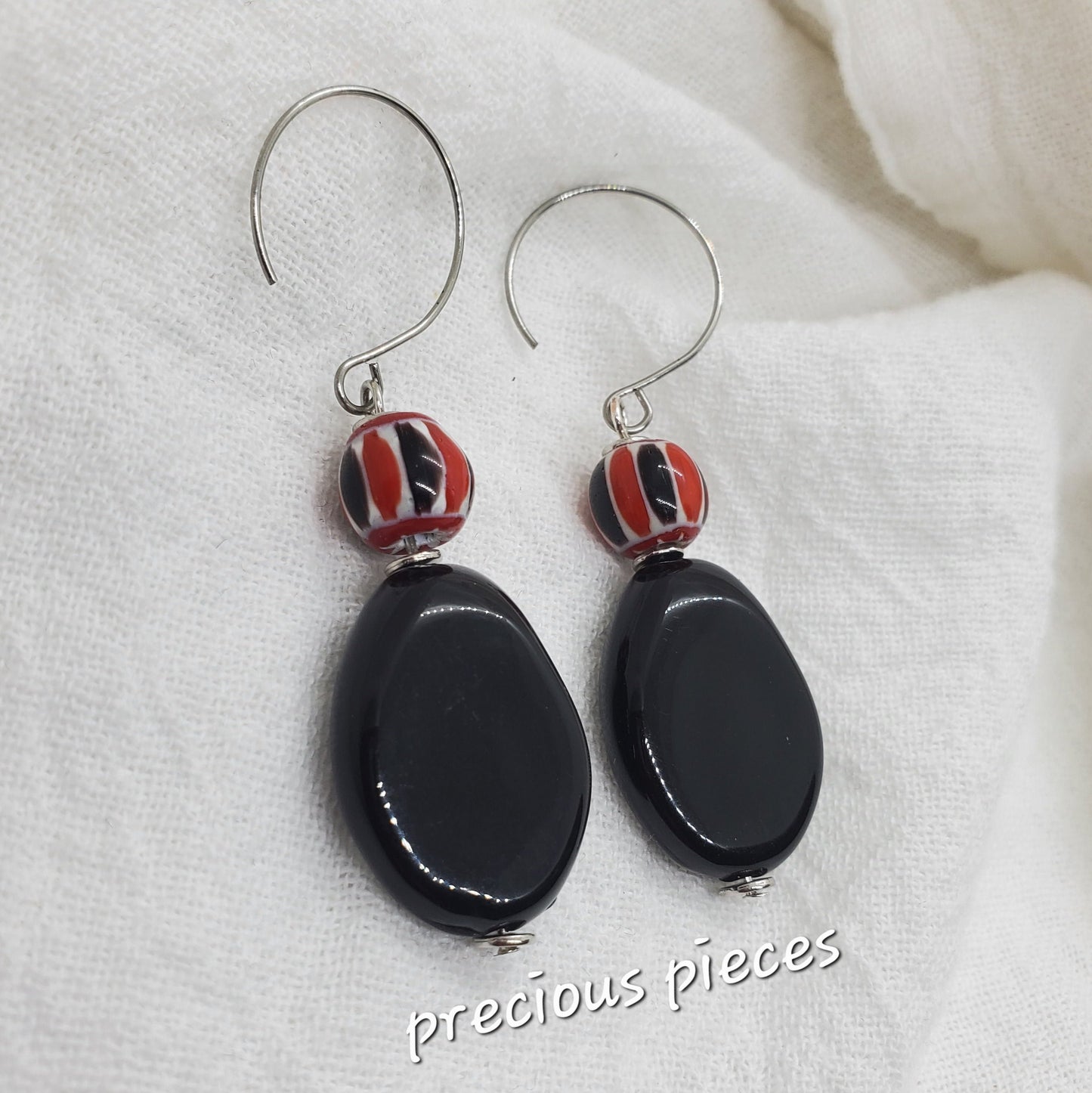 Red, Black, and White Beaded Dangle Earrings