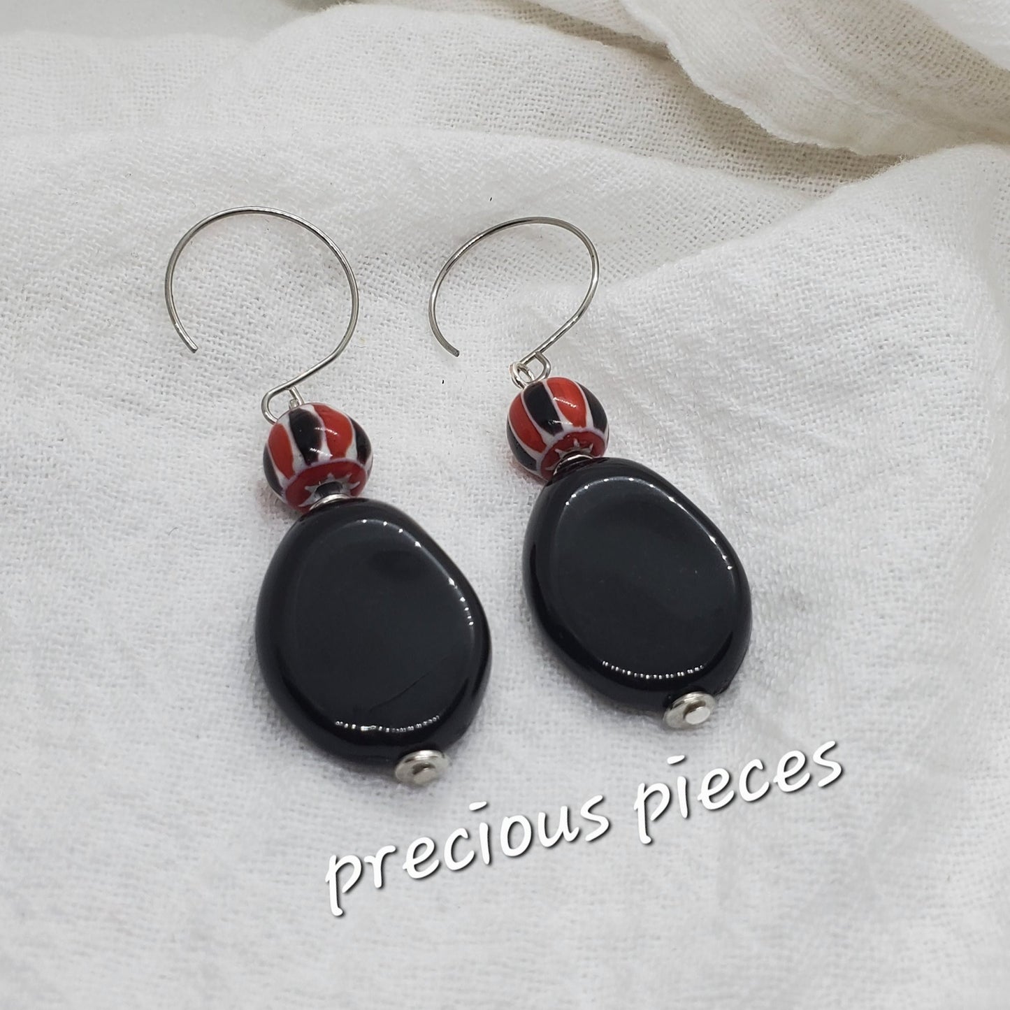 Red, Black, and White Beaded Dangle Earrings