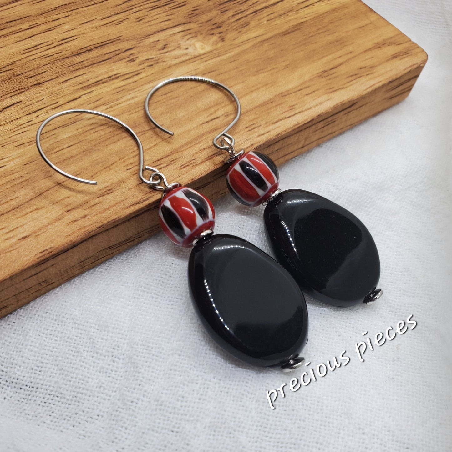 Red, Black, and White Beaded Dangle Earrings