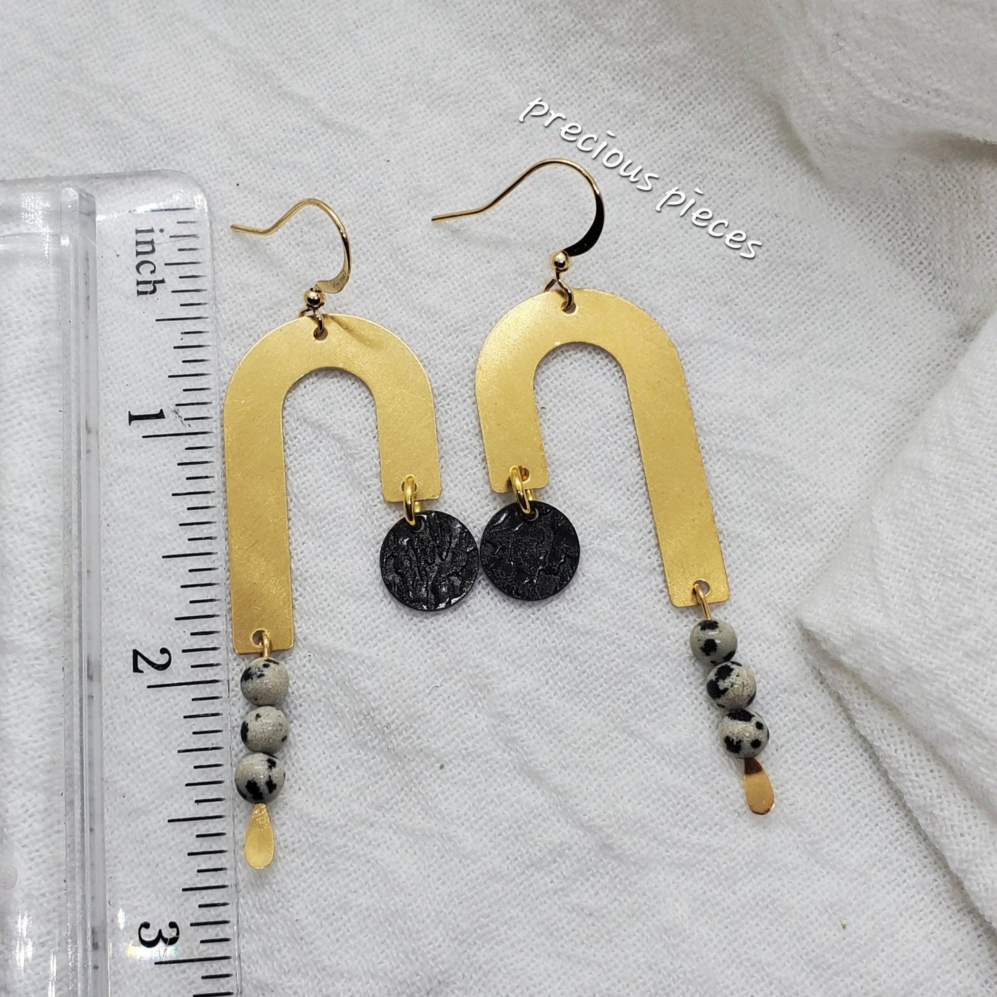 J-Shaped Brass and Dalmatian Beaded Earrings