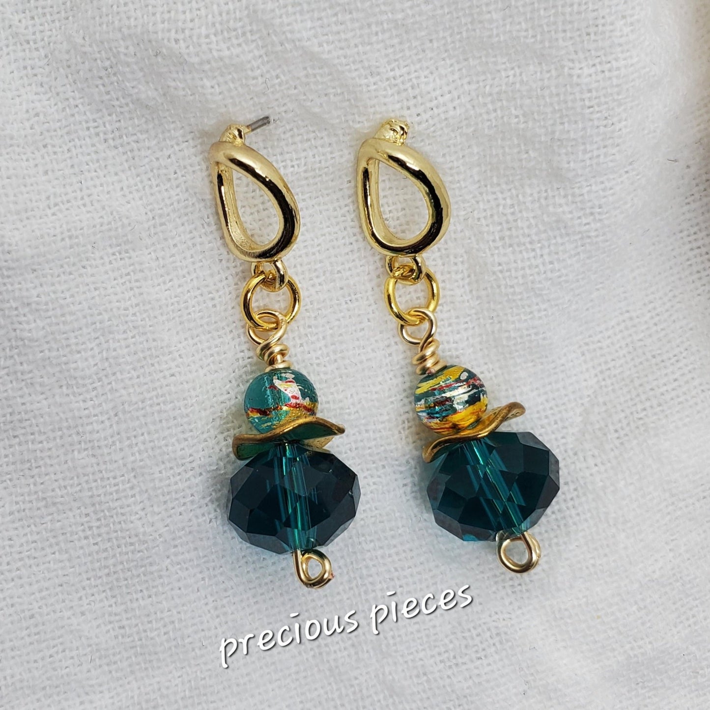 Teal and Gold Dangle Earrings