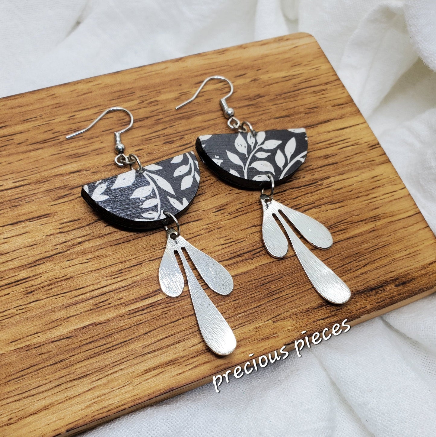 Black and White Leaf Earrings with Silver Charm