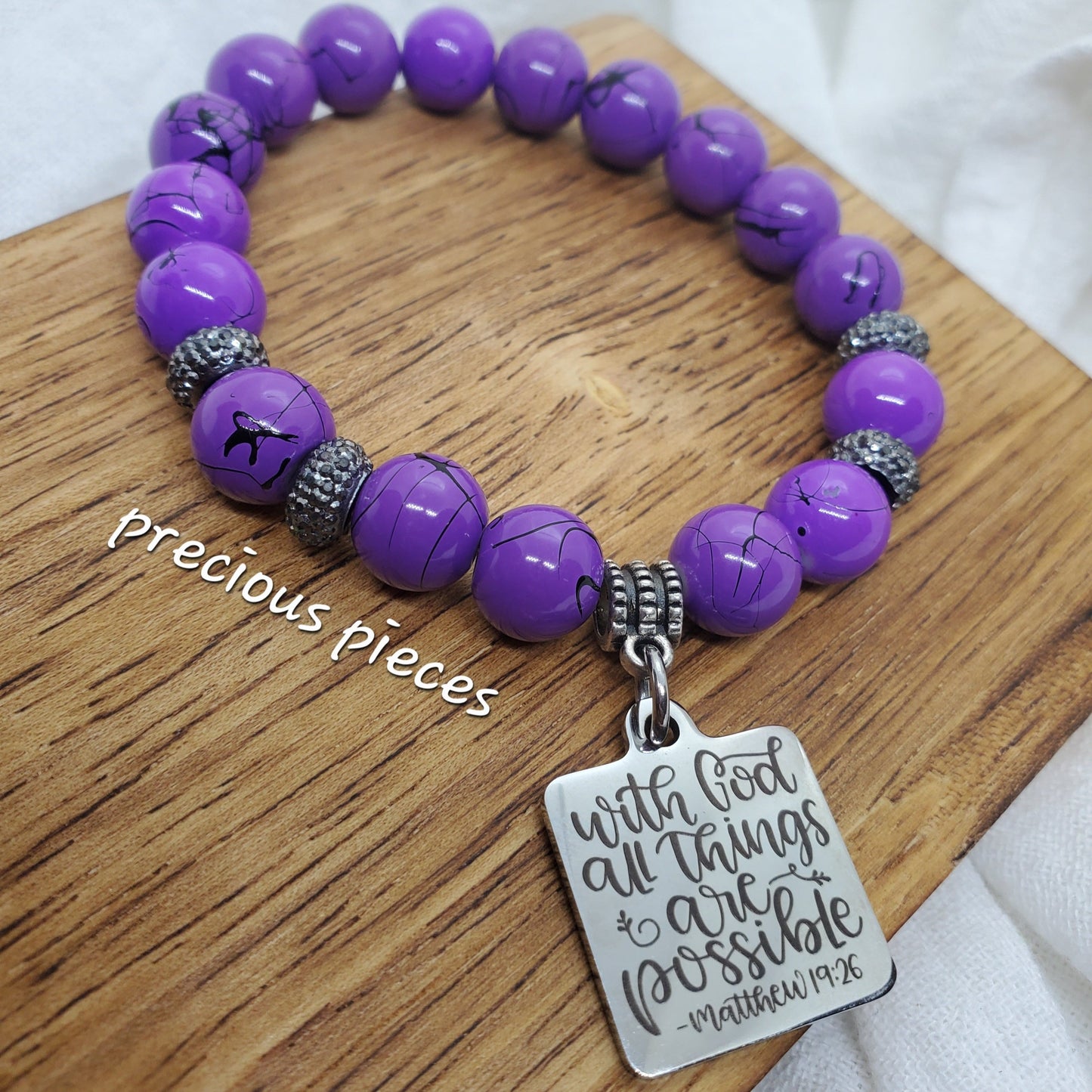With God Purple Splatter Beaded Bracelet