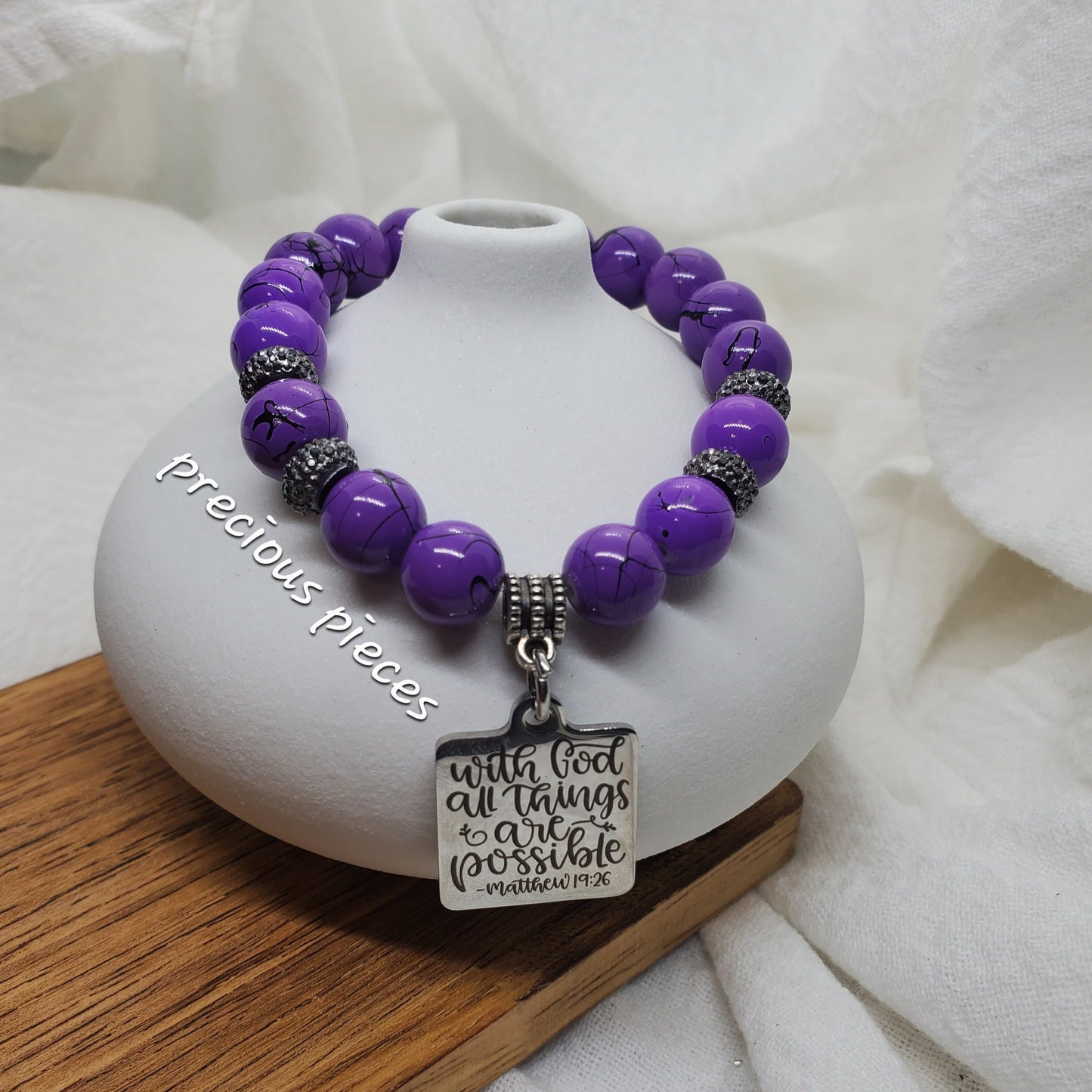 With God Purple Splatter Beaded Bracelet
