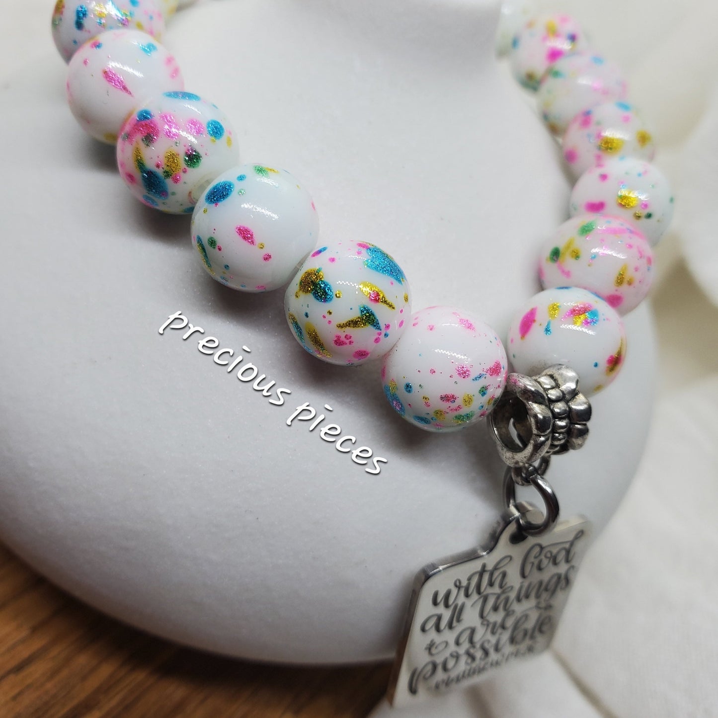 With God White Splatter Beaded Bracelet