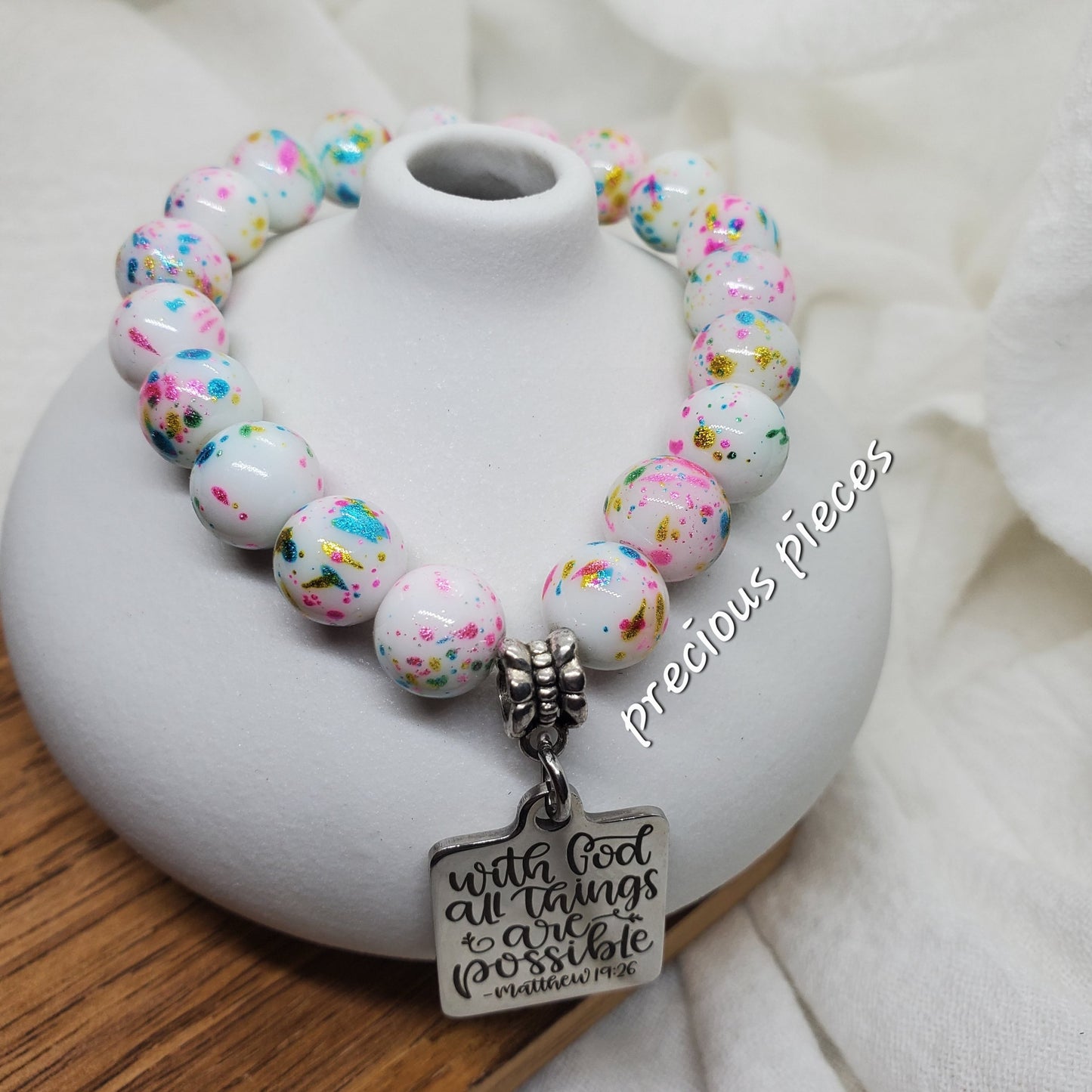 With God White Splatter Beaded Bracelet