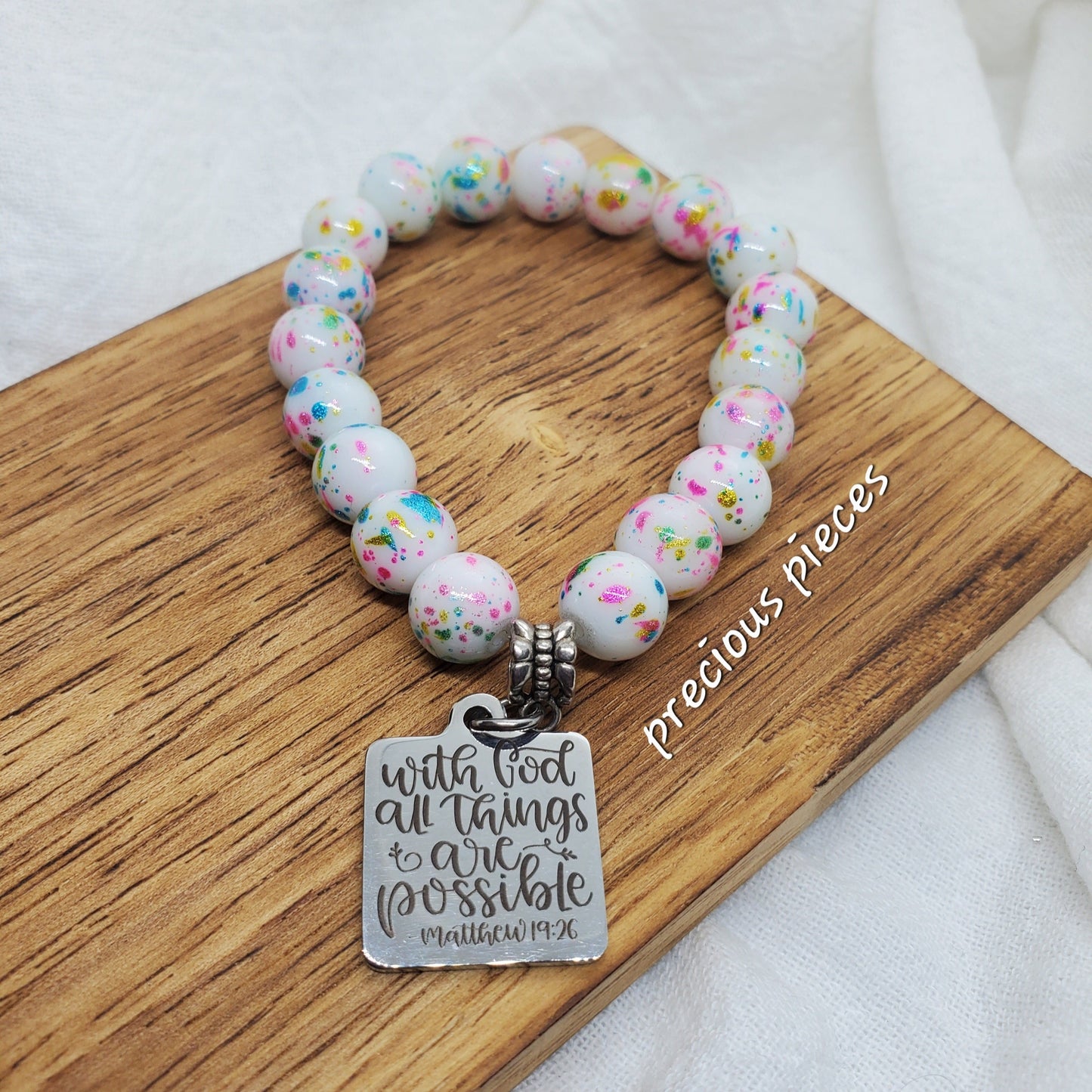 With God White Splatter Beaded Bracelet