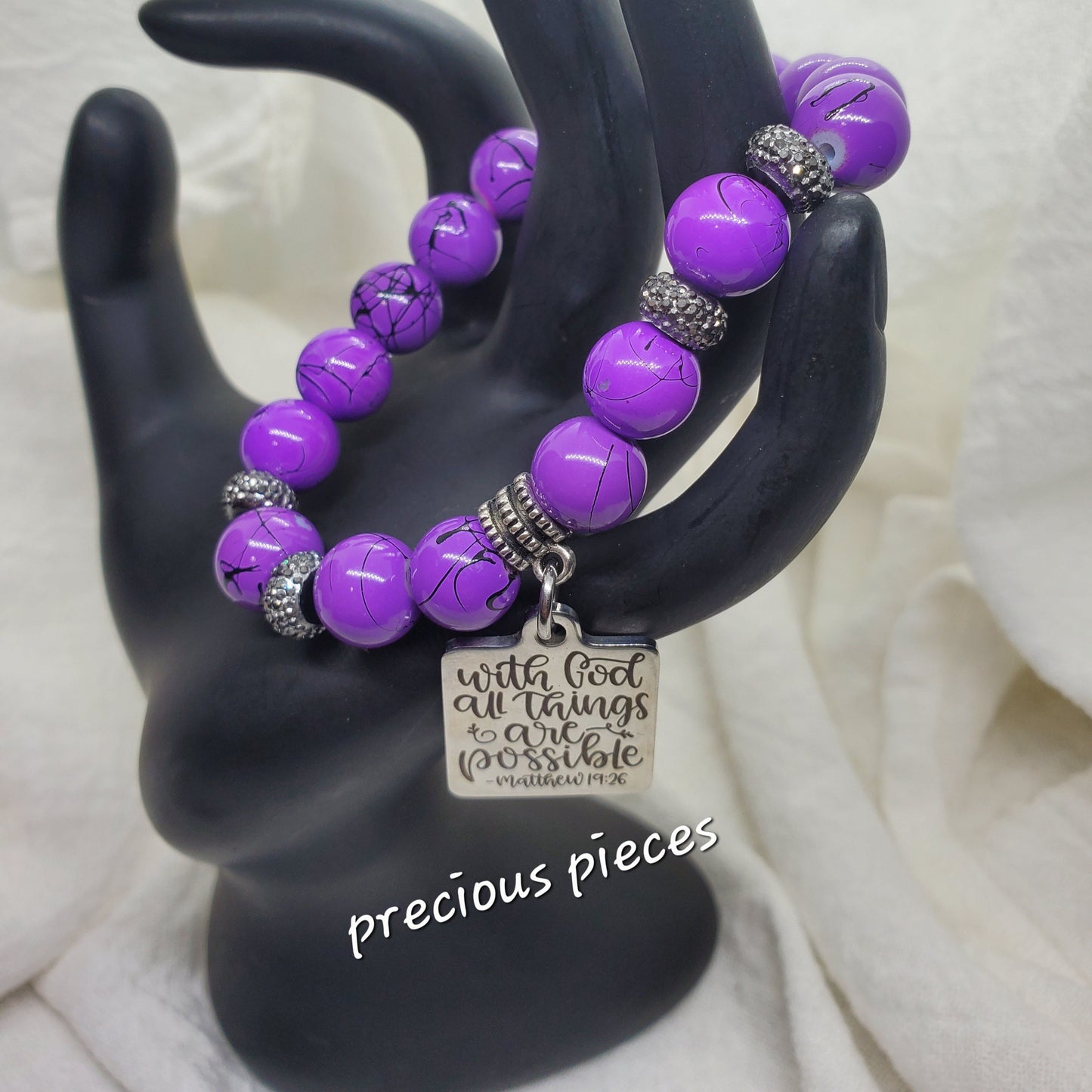 With God Purple Splatter Beaded Bracelet