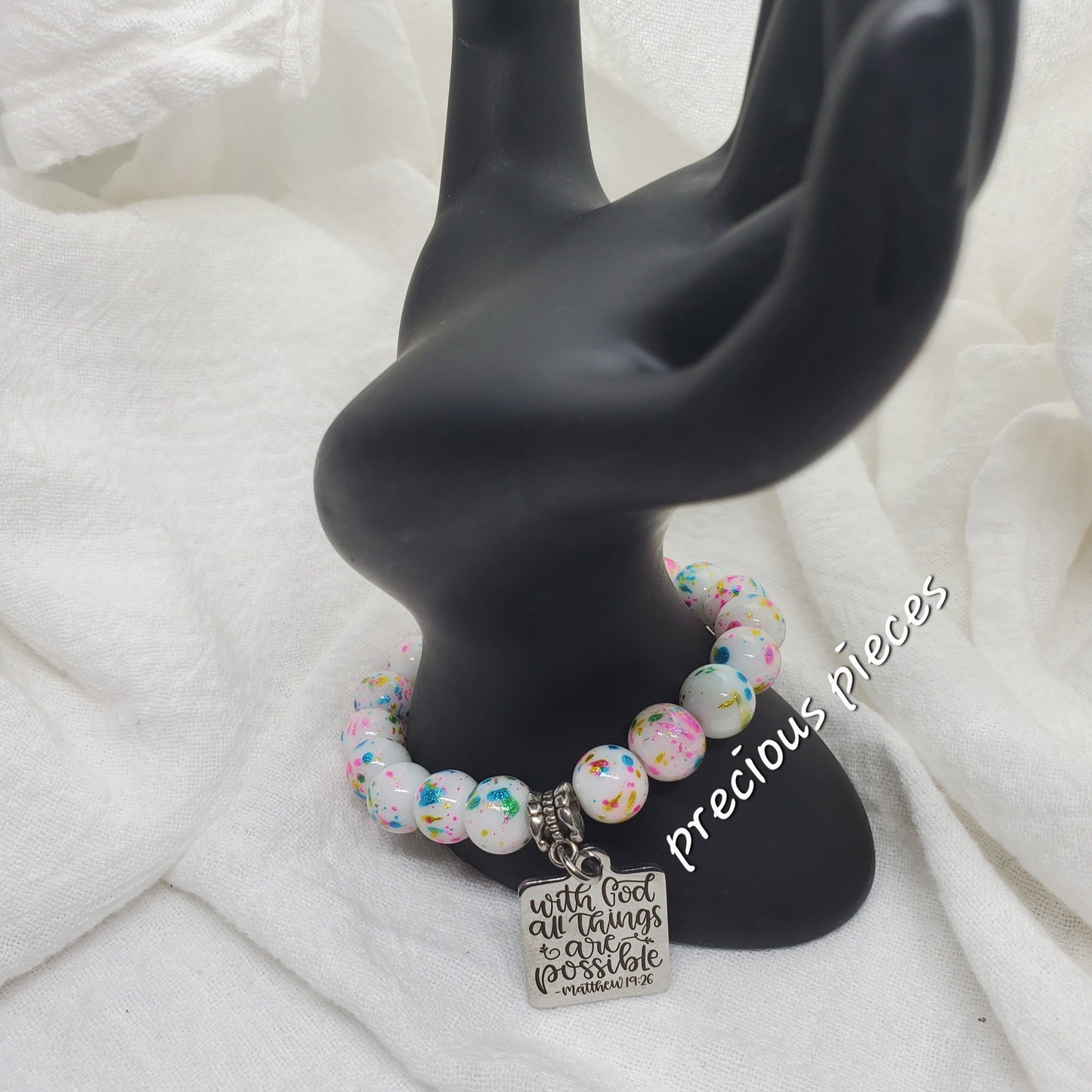 With God White Splatter Beaded Bracelet