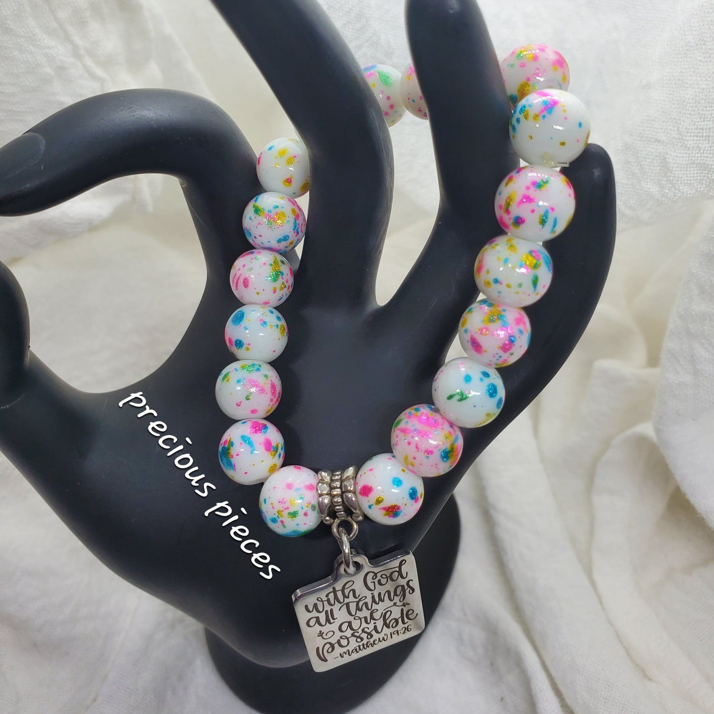 With God White Splatter Beaded Bracelet