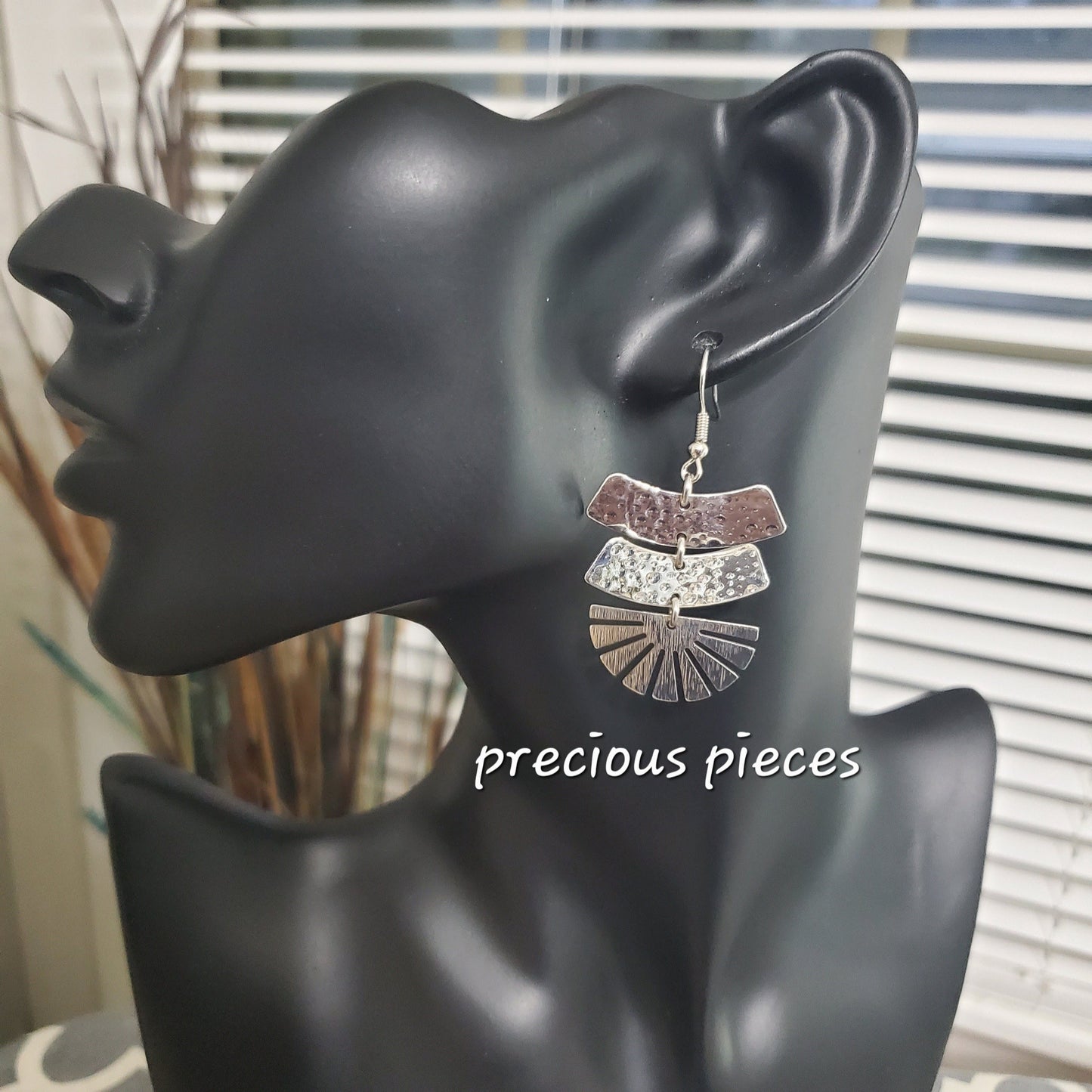Silver Strip and Fan Shaped Earrings