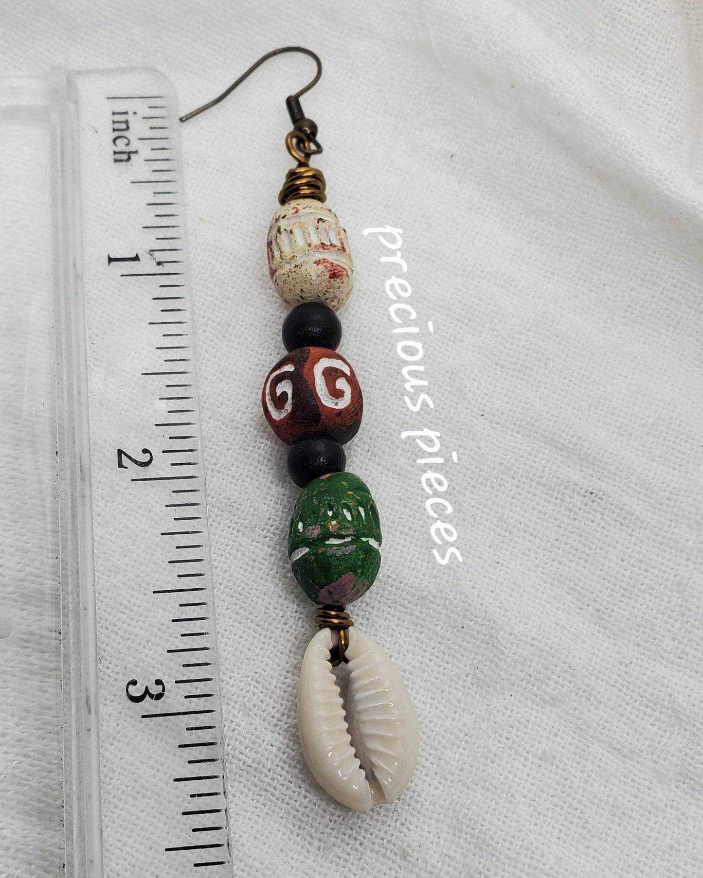 White, Red and Green Clay Beaded Cowrie Shell Earrings.