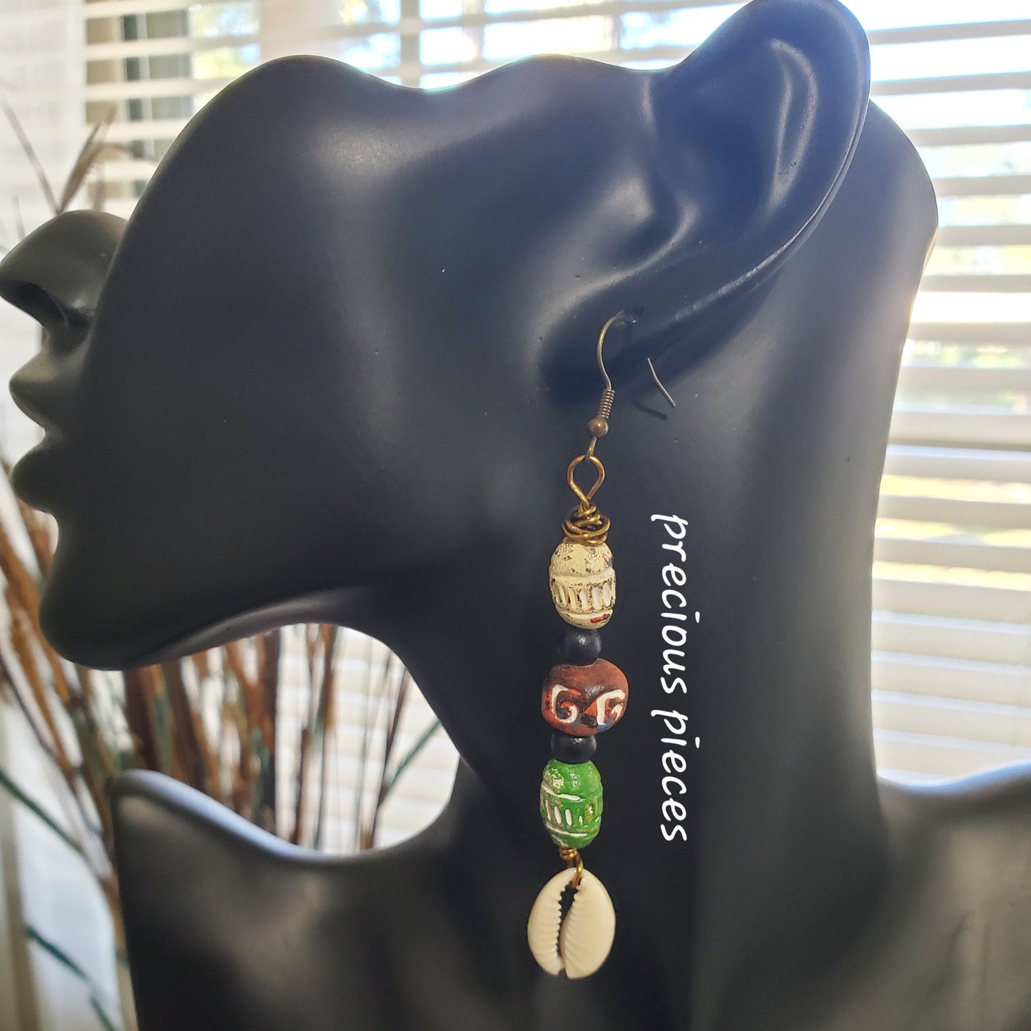 White, Red and Green Clay Beaded Cowrie Shell Earrings.