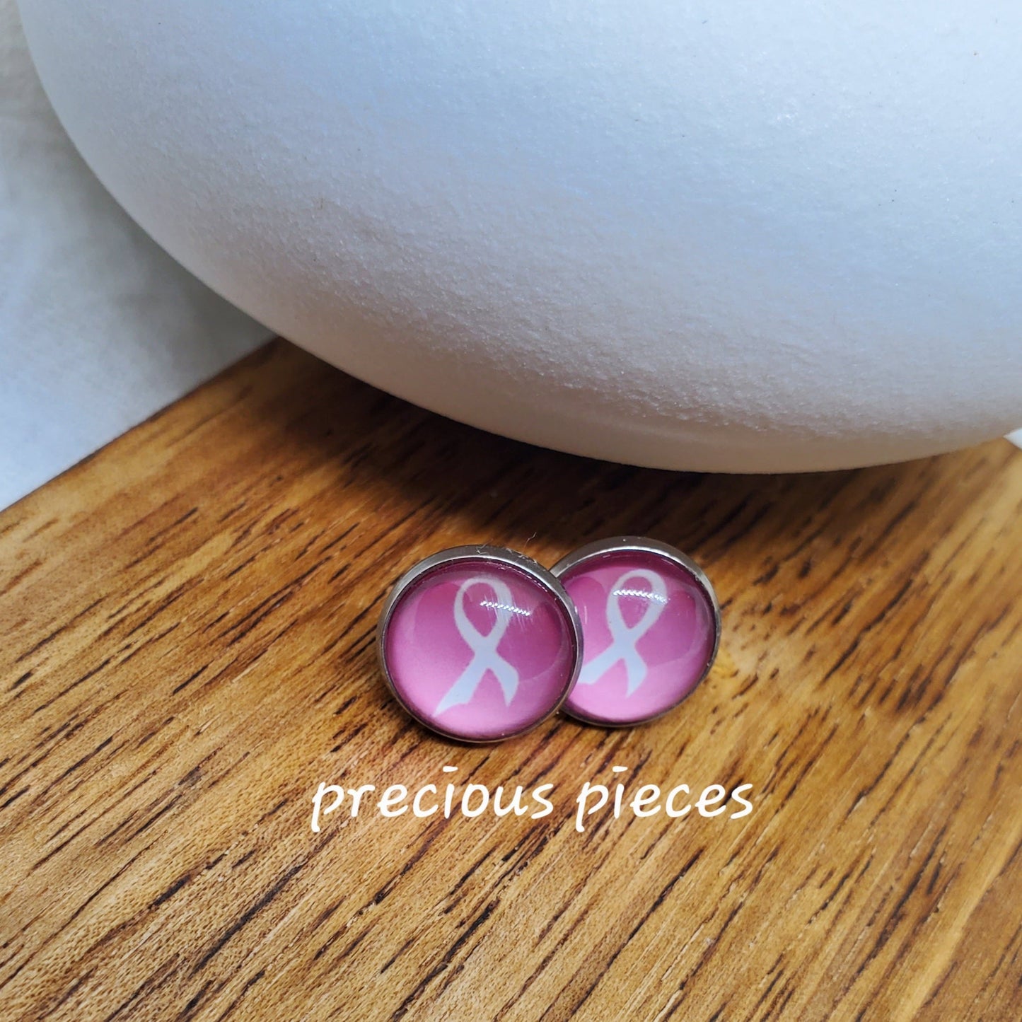 White Ribbon Breast Cancer Awareness Stud Earrings