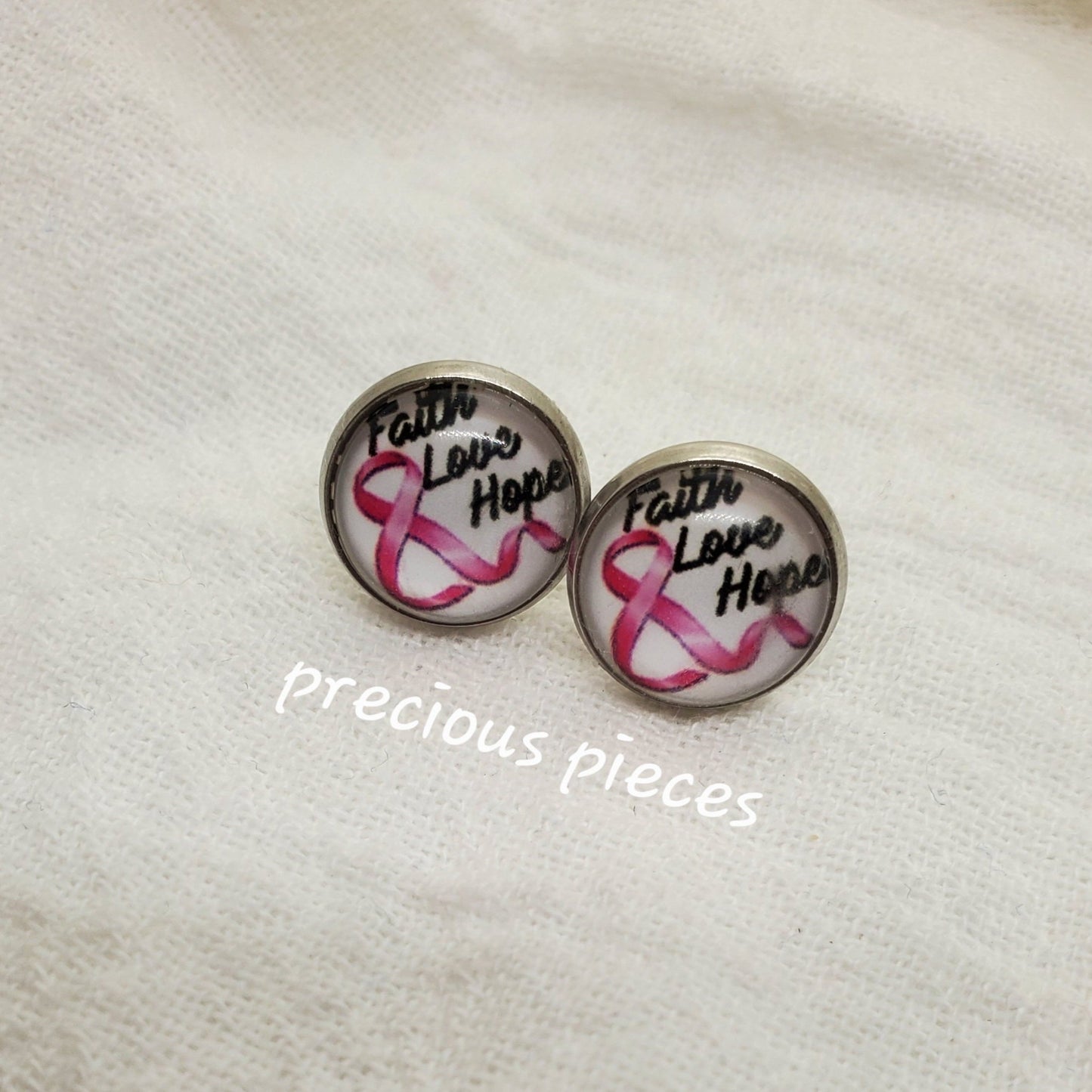 Faith, Love, Hope Breast Cancer Awareness Stud Earrings